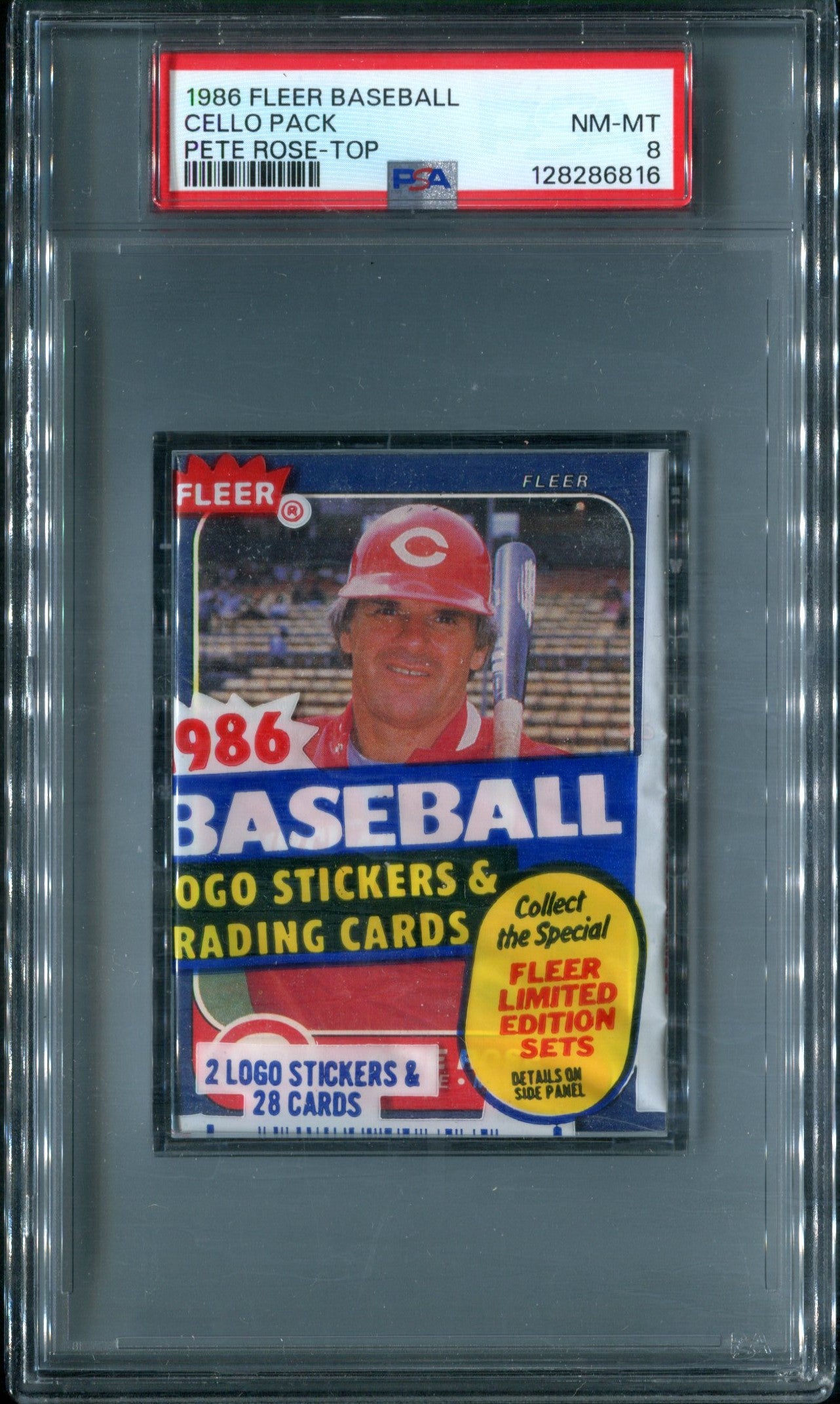 1986 Fleer Baseball Unopened Cello Pack PSA 8 Rose Top *6816
