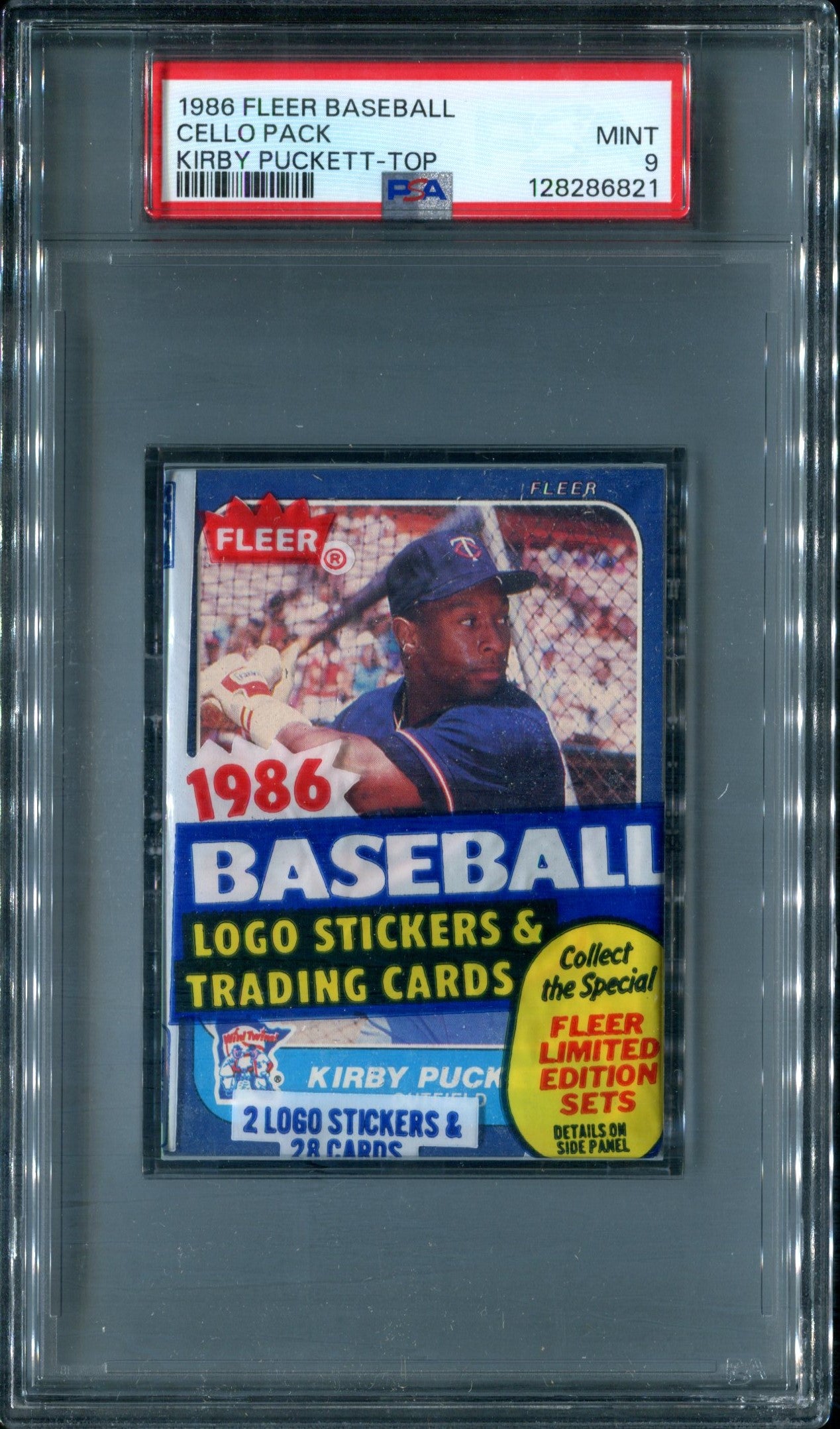 1986 Fleer Baseball Unopened Cello Pack PSA 9 Puckett Top *6821