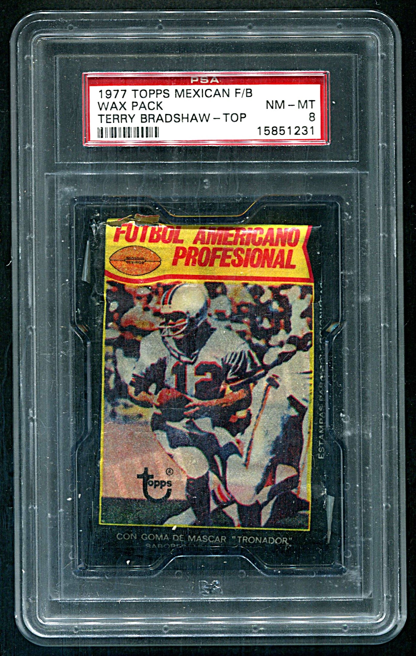 1977 Topps Football Unopened Wax Pack (Mexican) PSA 8 *1231 (2 Card) (Bradshaw Top) (Read)