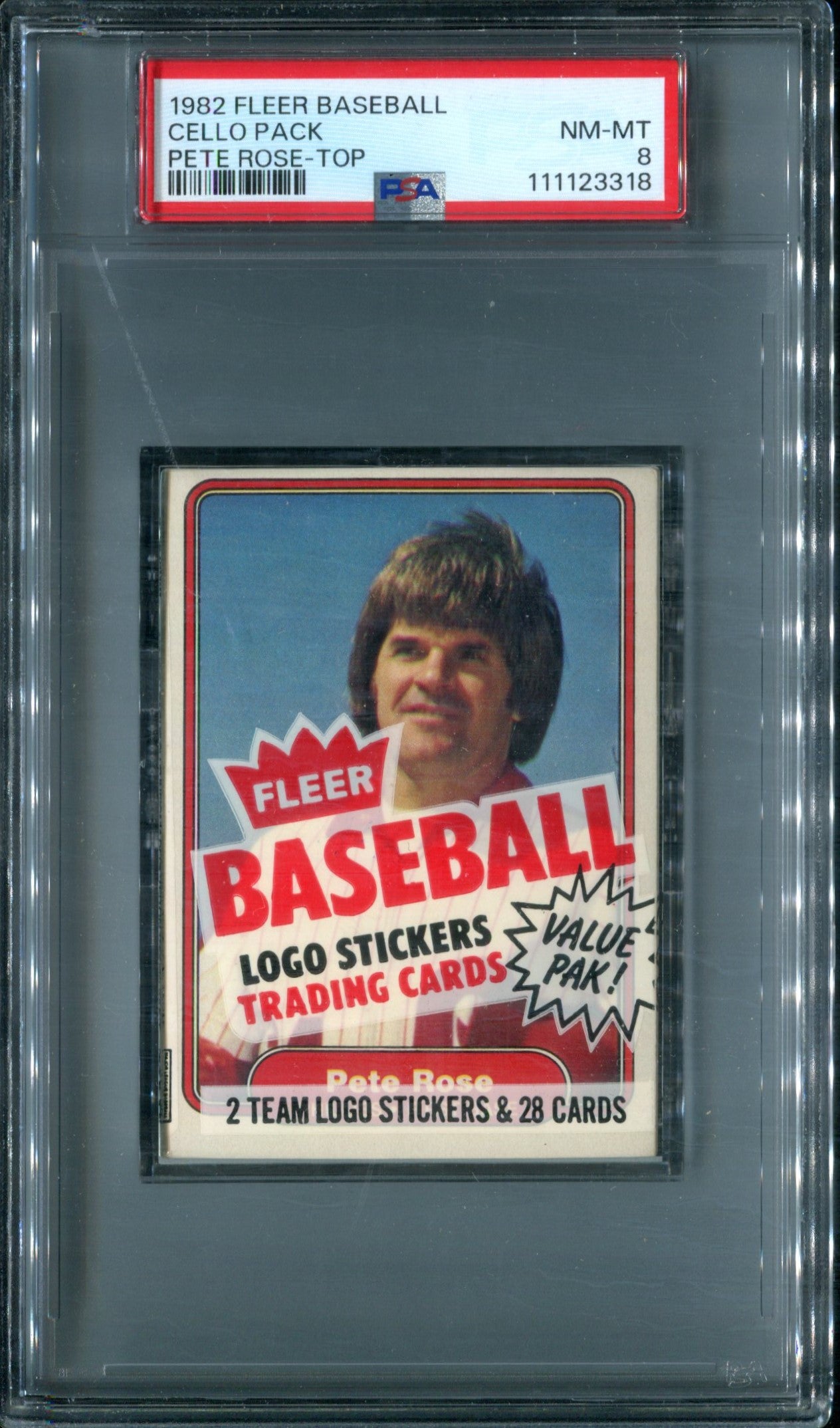 1982 Fleer Baseball Unopened Cello Pack PSA 8 Pete Rose Top *3318