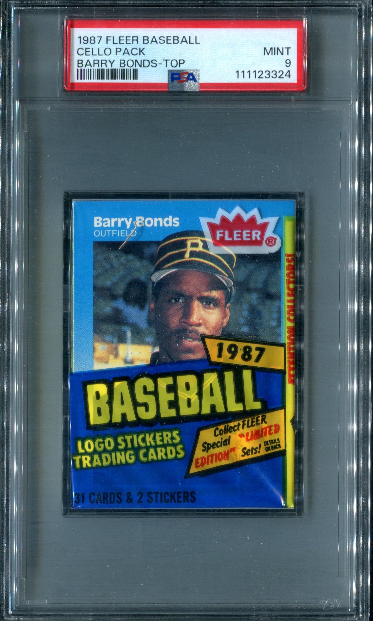1987 Fleer Baseball Unopened Cello Pack PSA 9 Barry Bonds Top *3324