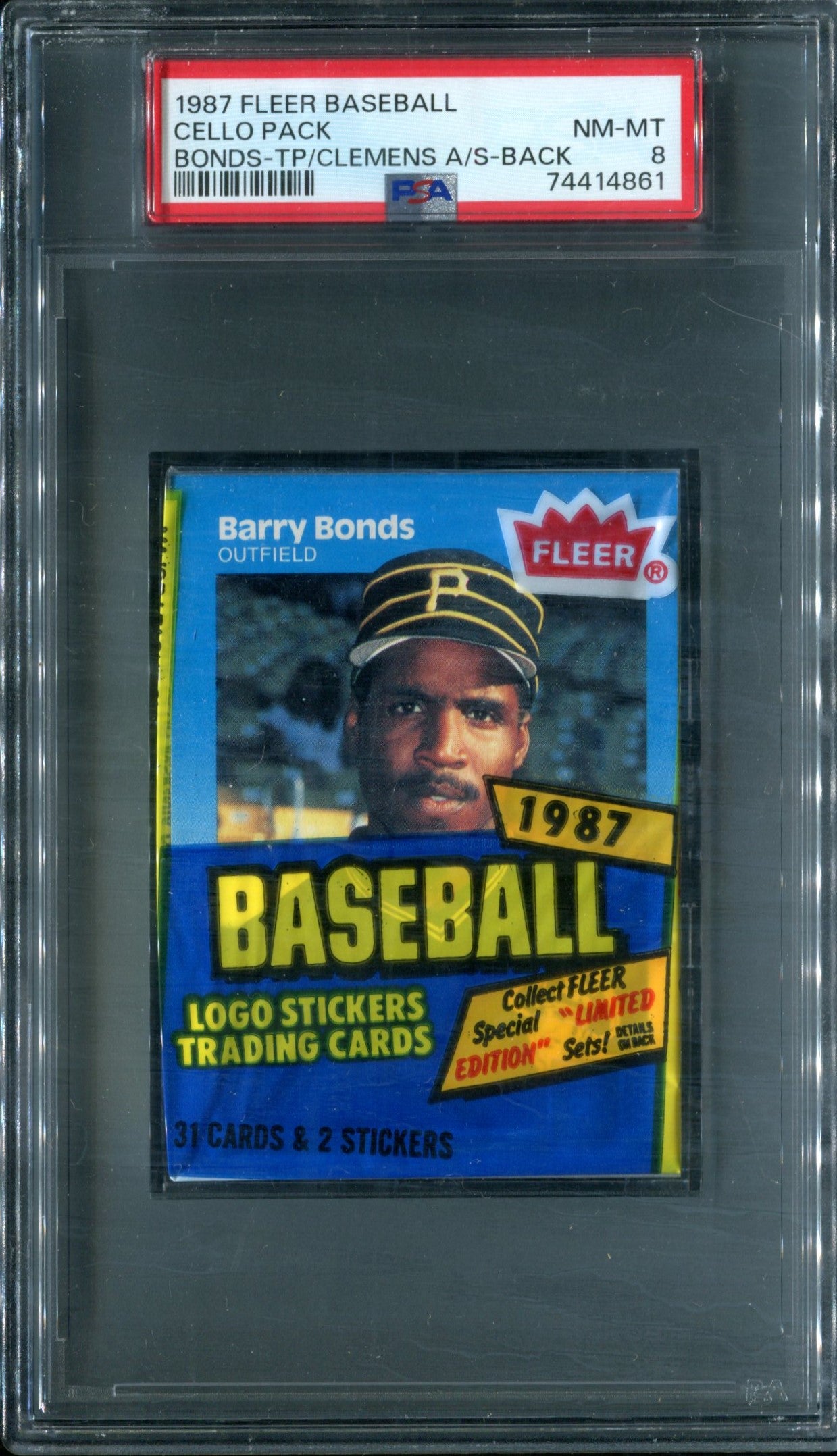 1987 Fleer Baseball Unopened Cello Pack PSA 8 Bonds Top / Clemens AS Back *4861
