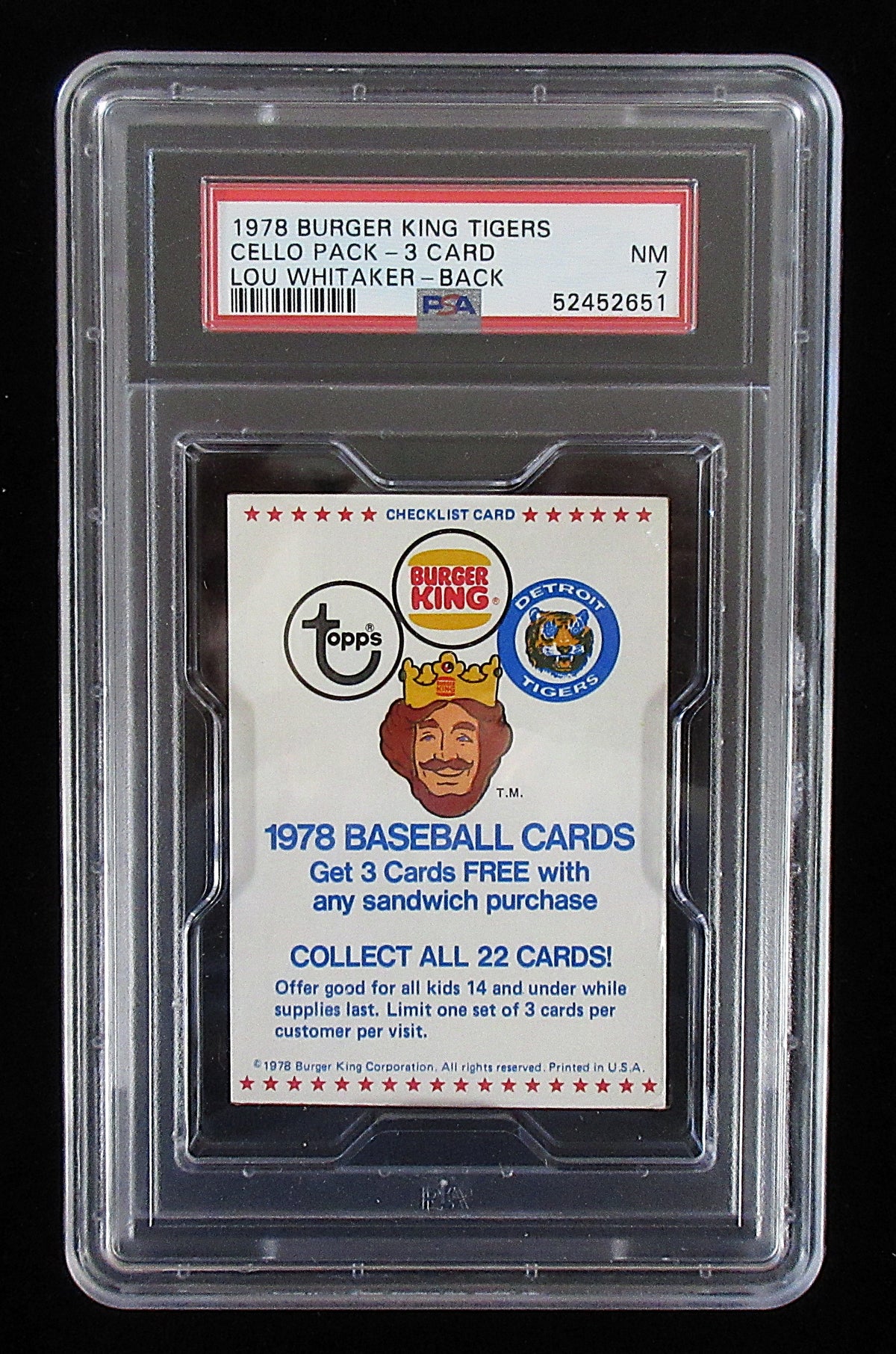 1978 Topps Baseball Burger King Tigers Unopened Cello Pack (3 Card) (Whitaker RC Back) PSA 7 *2651