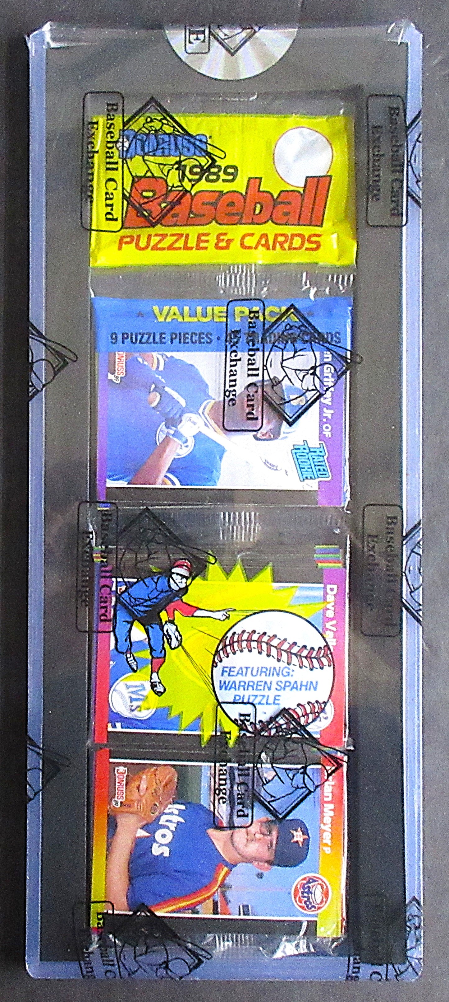 1989 Donruss Baseball Unopened Rack Pack (Ken Griffey Jr. RC Top) (BBCE) (26395)