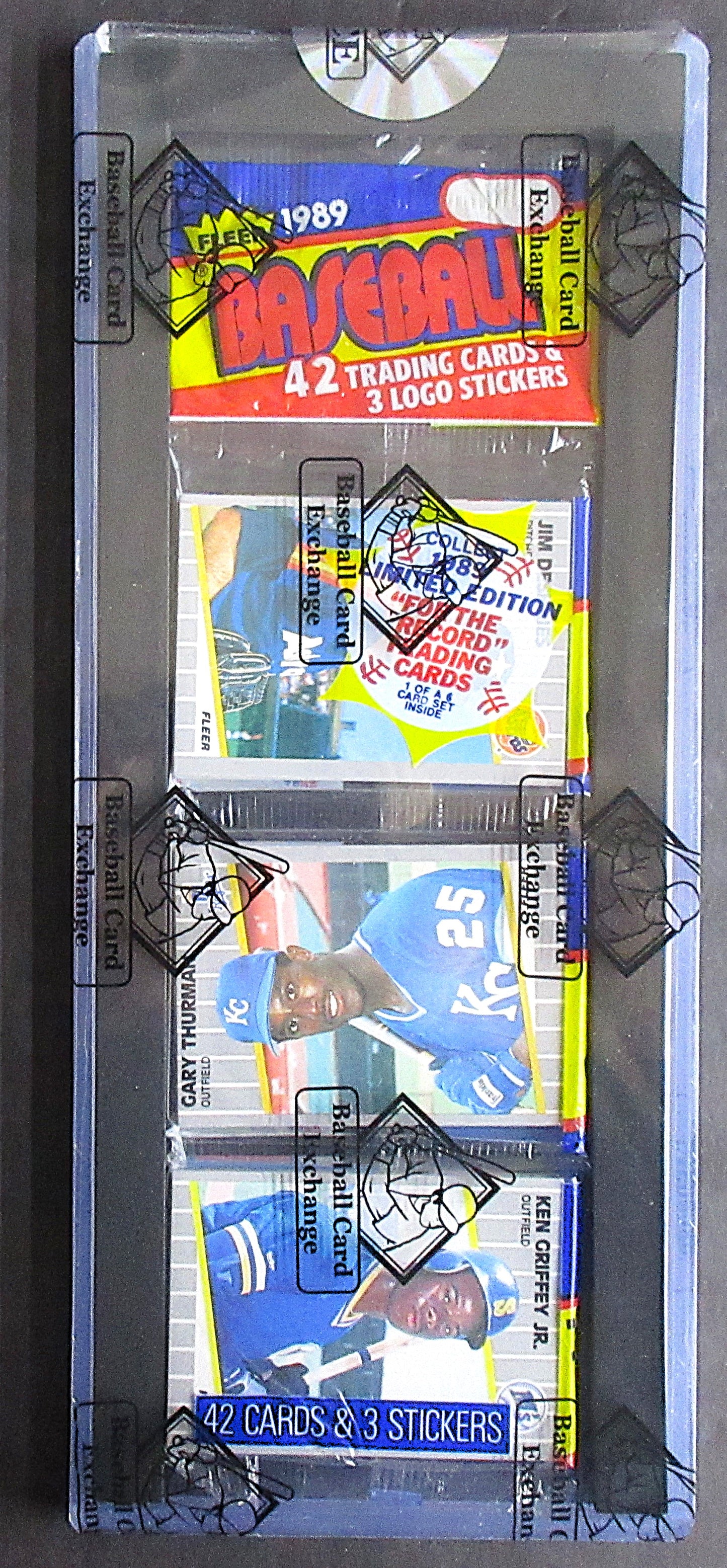 1989 Fleer Baseball Unopened Rack Pack (Ken Griffey Jr. RC Top) (BBCE) (26396)