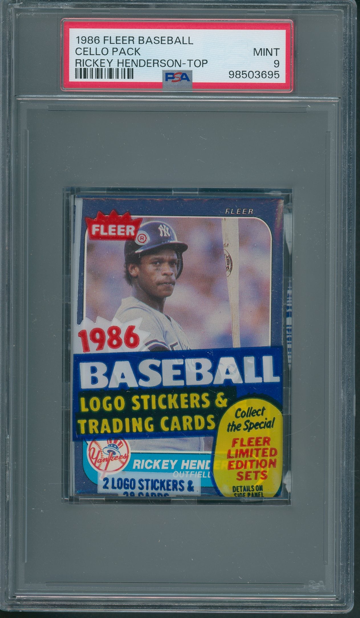 1986 Fleer Baseball Unopened Cello Pack PSA 9 Henderson Top *3695