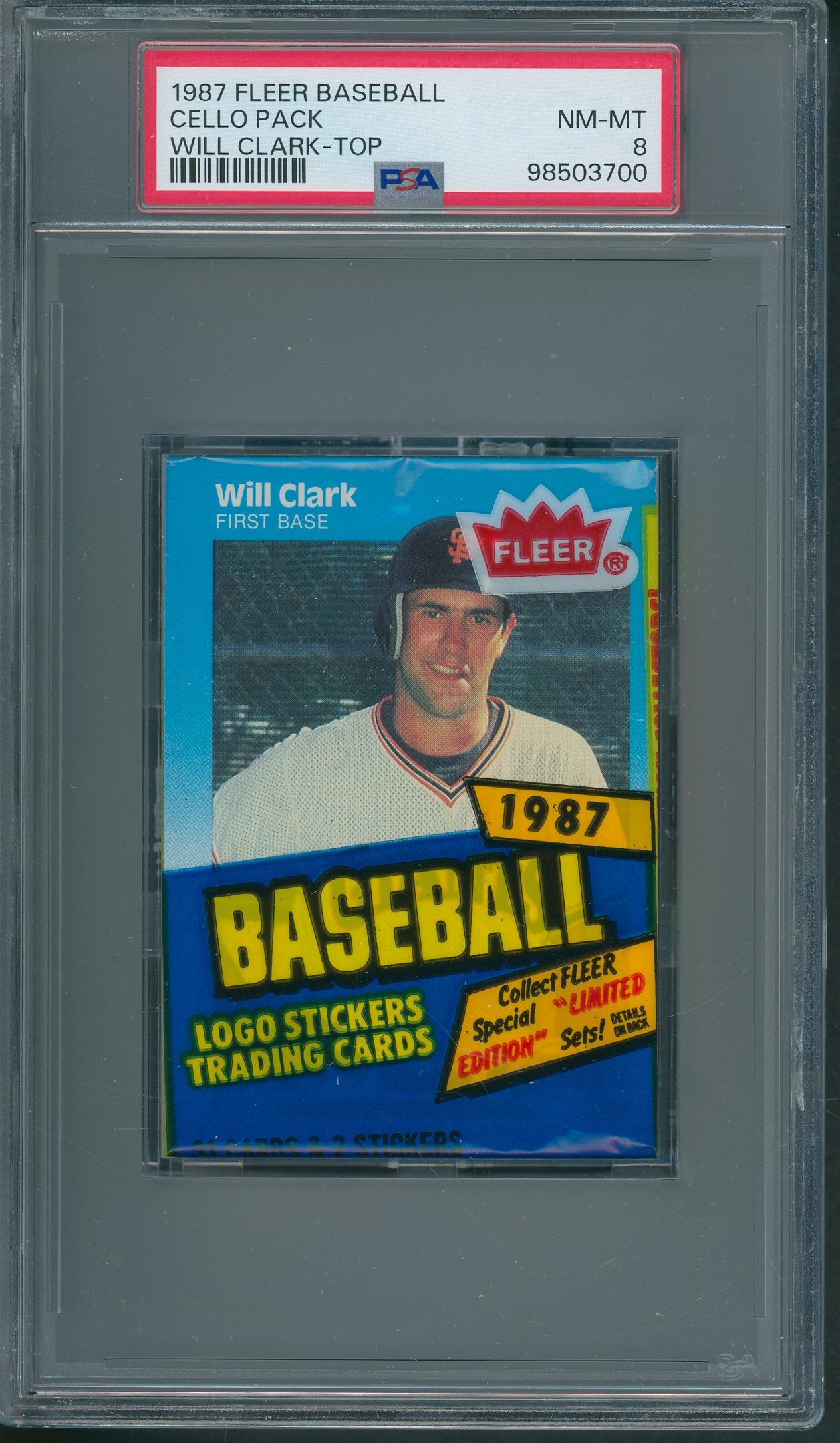 1987 Fleer Baseball Unopened Cello Pack PSA 8 Clark Top *3700