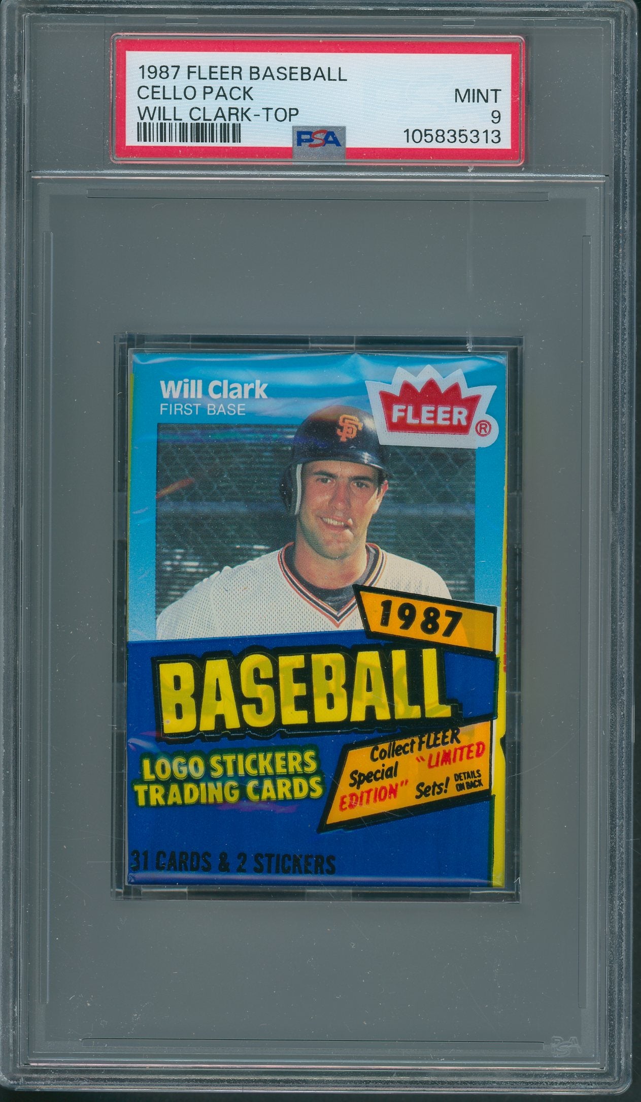 1987 Fleer Baseball Unopened Cello Pack PSA 9 Clark Top *5313