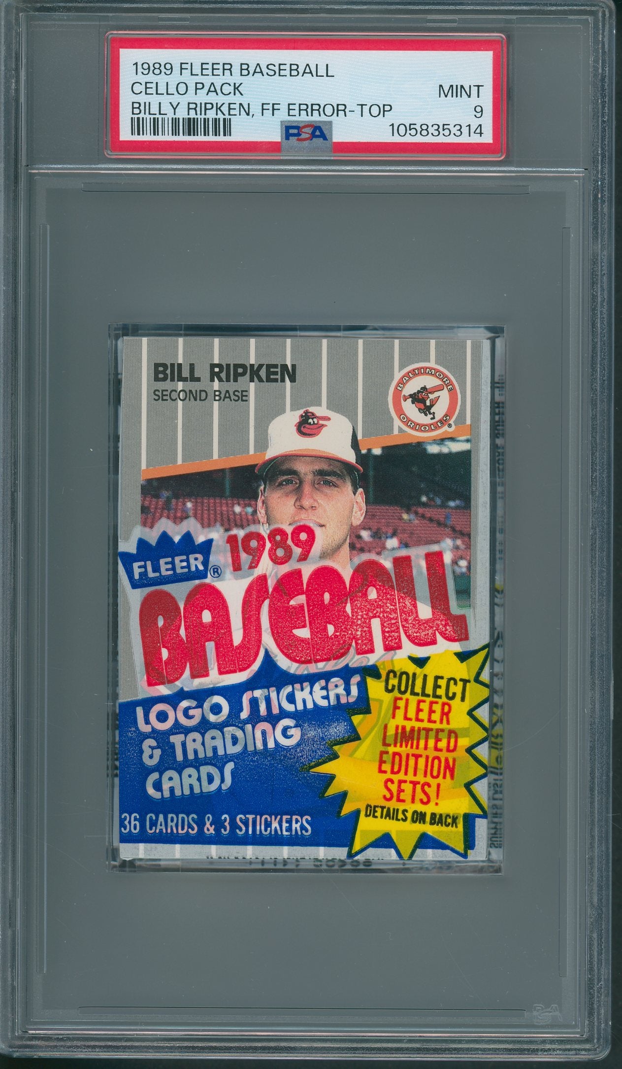 1989 Fleer Baseball Unopened Cello Pack PSA 9 Ripken FF Error Top *5314
