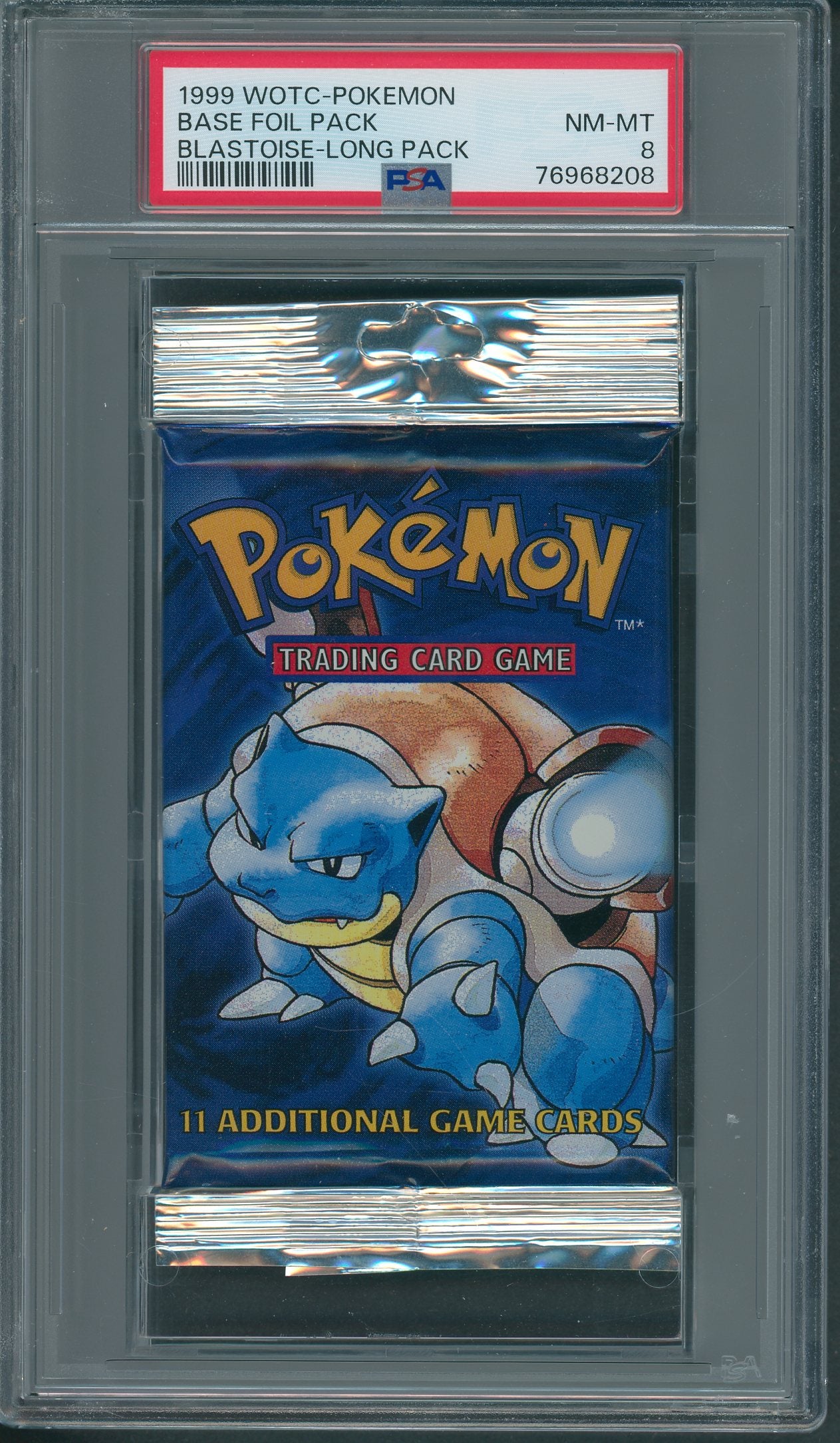 1999 WOTC Pokemon Base Unopened Foil Long Pack Blastoise PSA 8 (*8208)