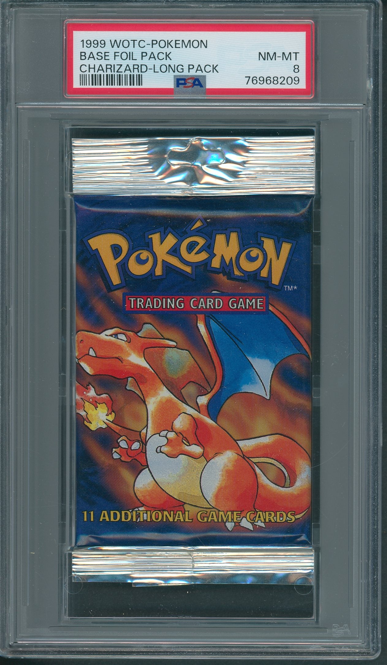 1999 WOTC Pokemon Base Unopened Foil Long Pack Charizard PSA 8 (*8209)