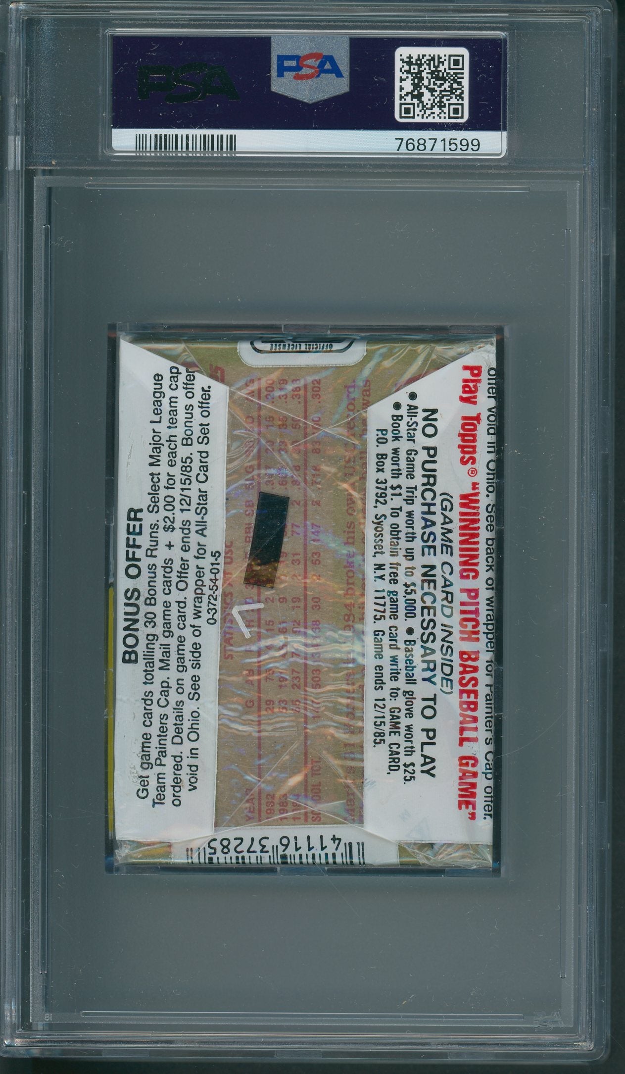 1985 Topps Baseball Unopened Cello Pack PSA 9 McGwire Back *1599