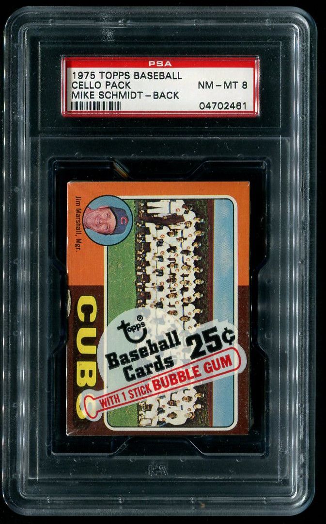1975 Topps Baseball Unopened Cello Pack PSA 8 Schmidt Back