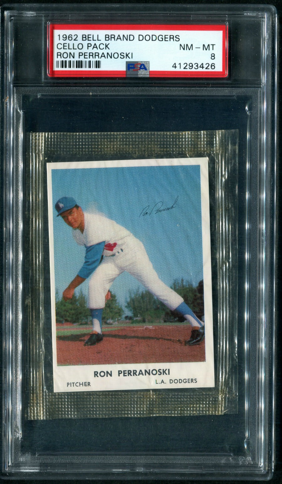 1962 Bell Brand Dodgers Baseball Unopened Cello Pack Ron Perranoski PSA 8