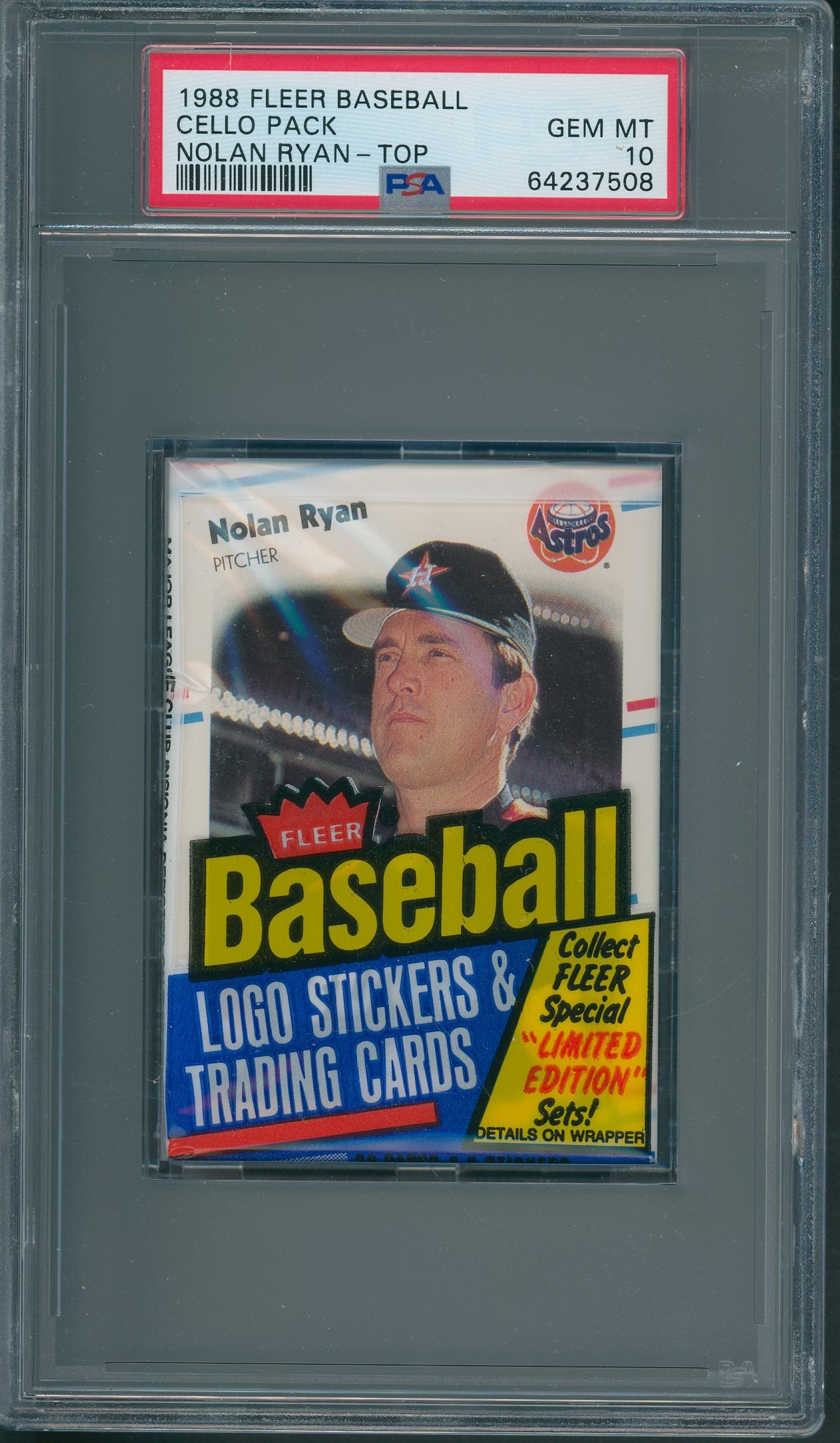 1988 Fleer Baseball Unopened Cello Pack PSA 10 Nolan Ryan Top *7508