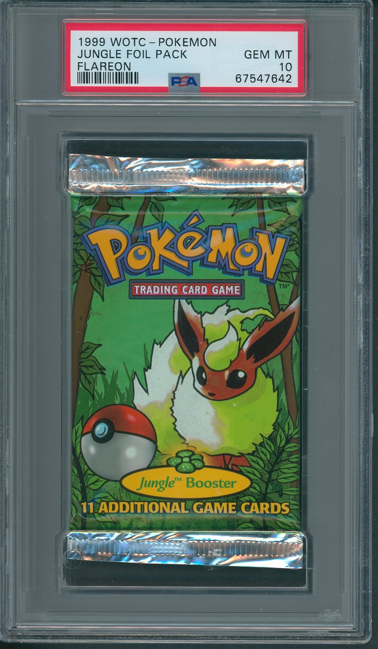 1999 flareon pokemon card 1999 WOTC Pokemon Jungle Unopened Foil Pack Flareon PSA 10 *7642