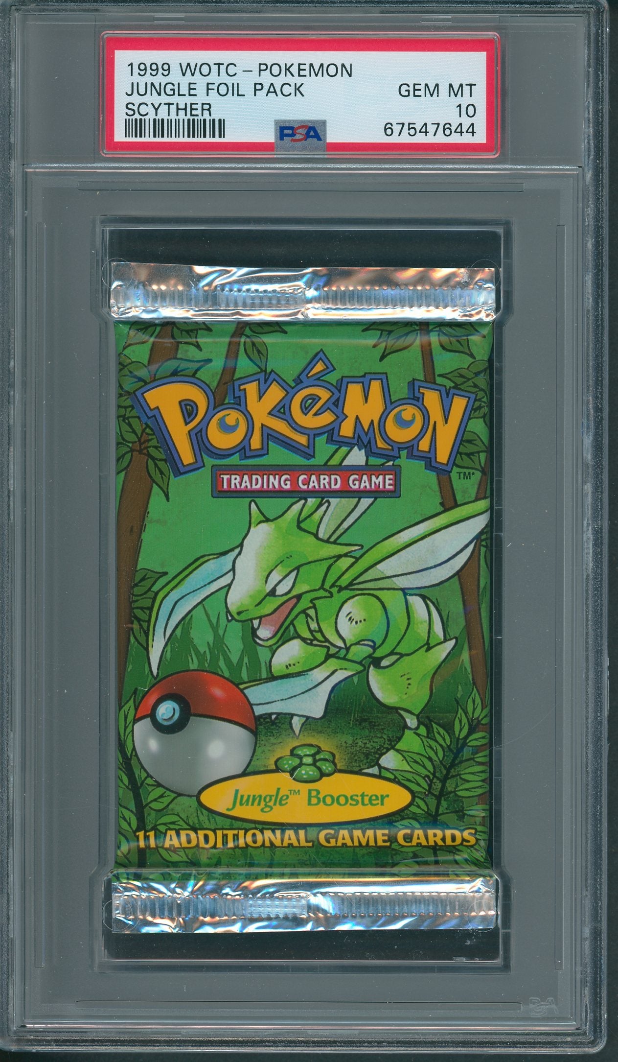 1999 WOTC Pokemon Jungle Unopened Foil Pack Scyther PSA 10 *7644 1999 WOTC Pokemon Jungle Unopened Foil Pack Scyther PSA 10 *7644