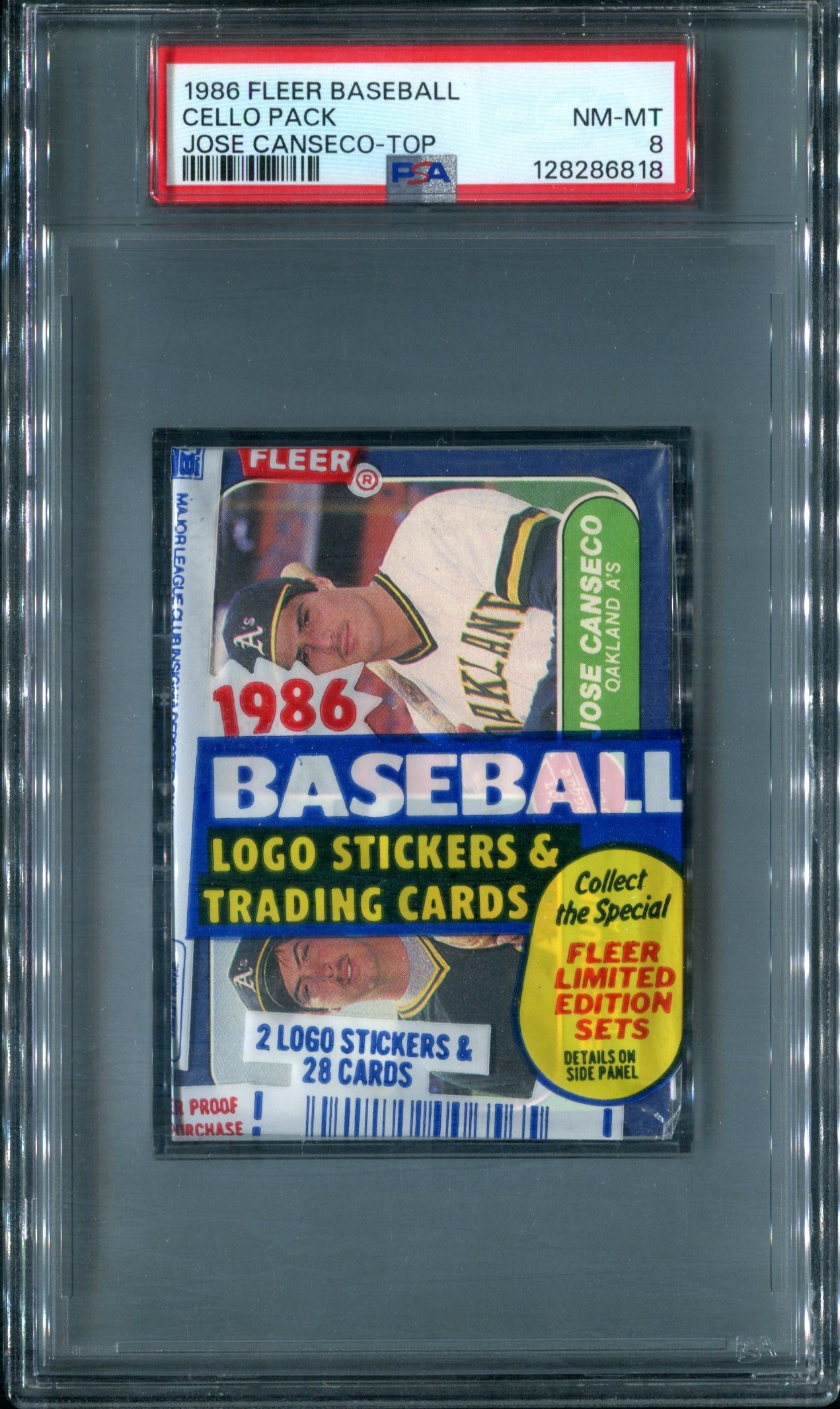 1986 Fleer Baseball Unopened Cello Pack PSA 8 Canseco RC Top *6818