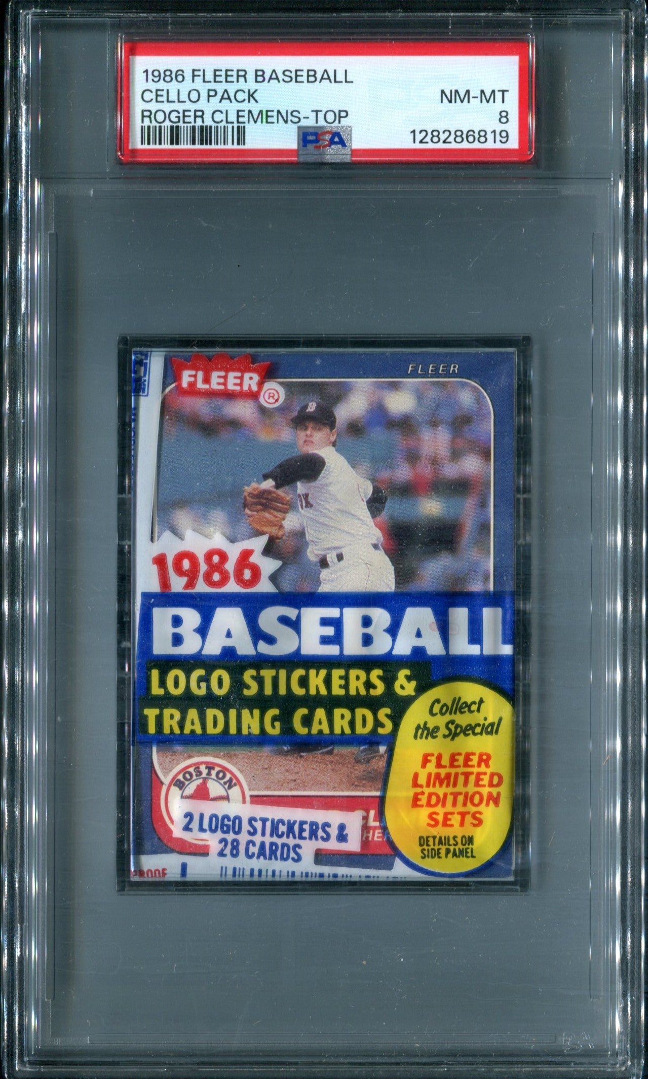 1986 Fleer Baseball Unopened Cello Pack PSA 8 Clemens Top *6819