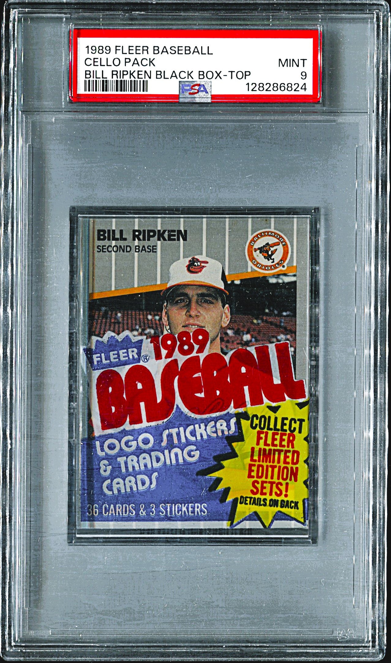 1989 Fleer Baseball Unopened Cello Pack PSA 9 B. Ripken Black Box Top *6824