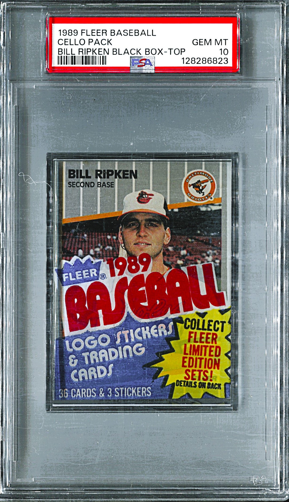 1989 Fleer Baseball Unopened Cello Pack PSA 10 B. Ripken Black Box Top *6823