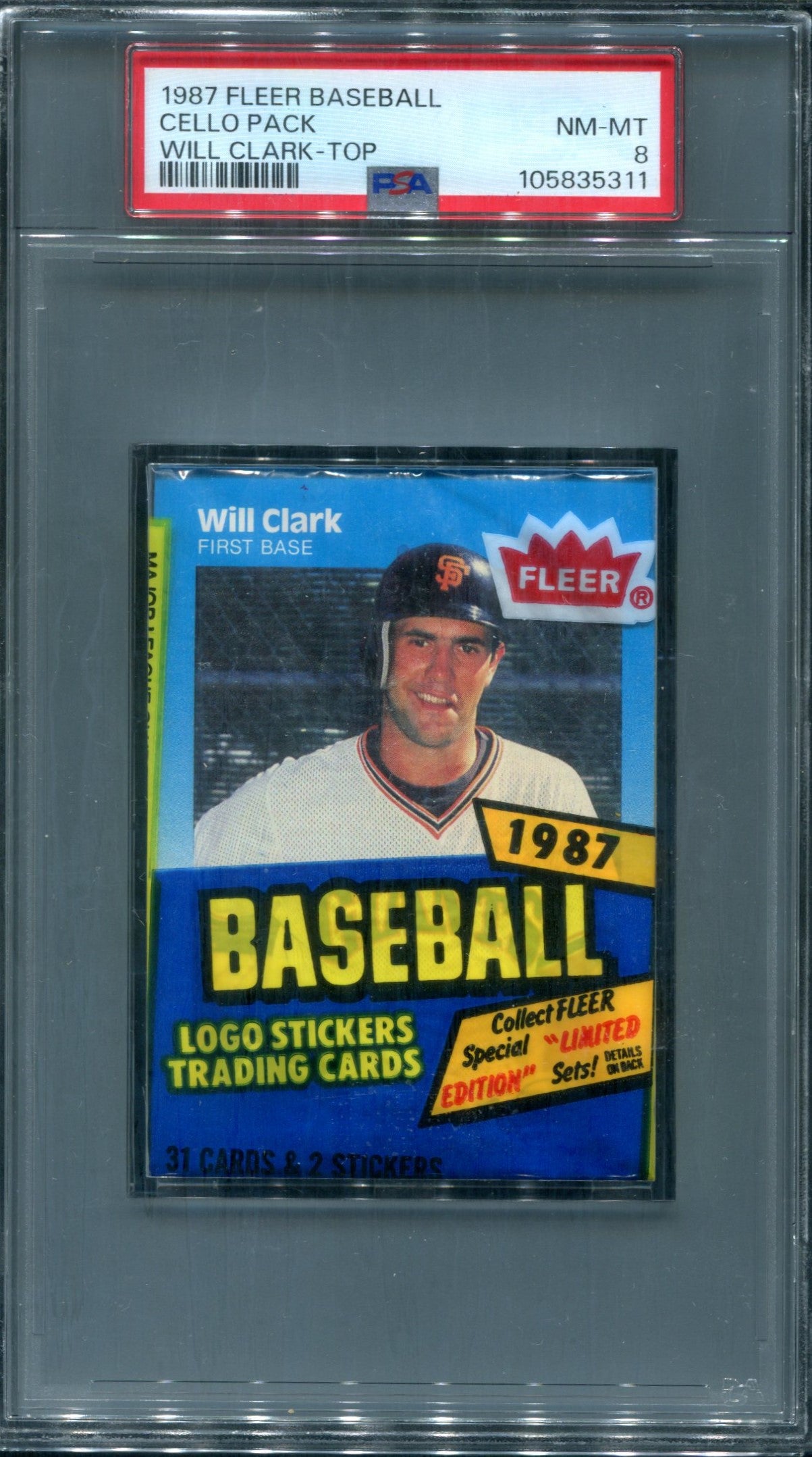 1987 Fleer Baseball Unopened Cello Pack PSA 8 Will Clark RC Top *5311