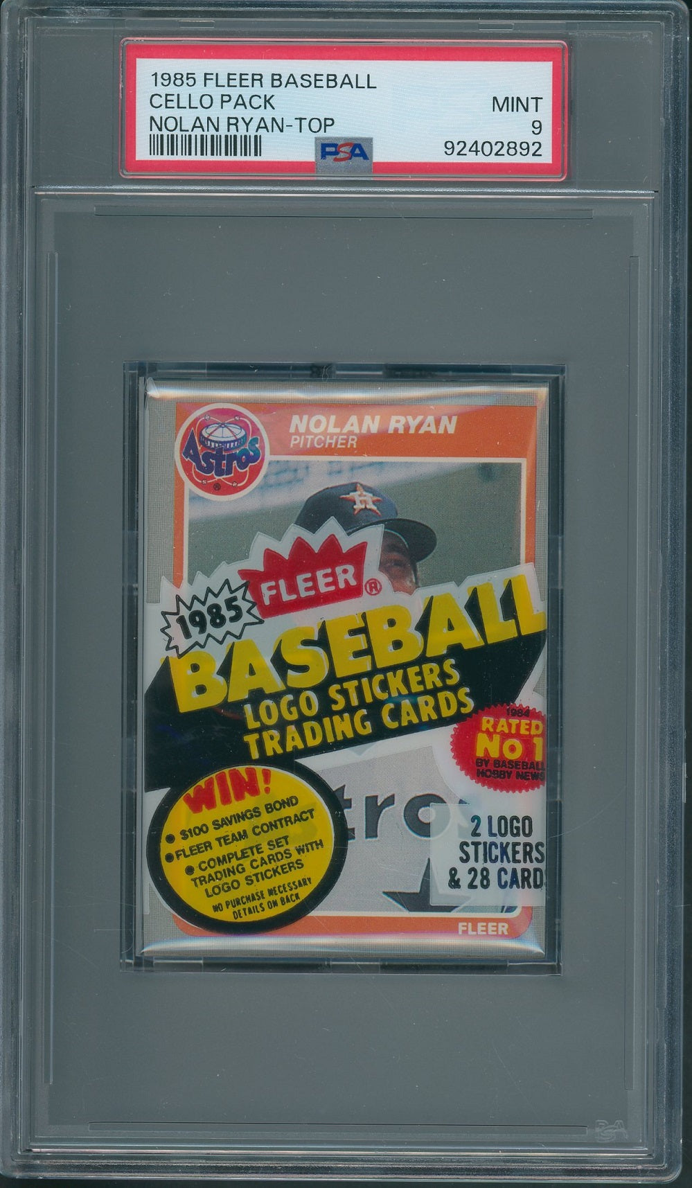 1985 Fleer Baseball Unopened Cello Pack PSA 9 Nolan Ryan Top *2892