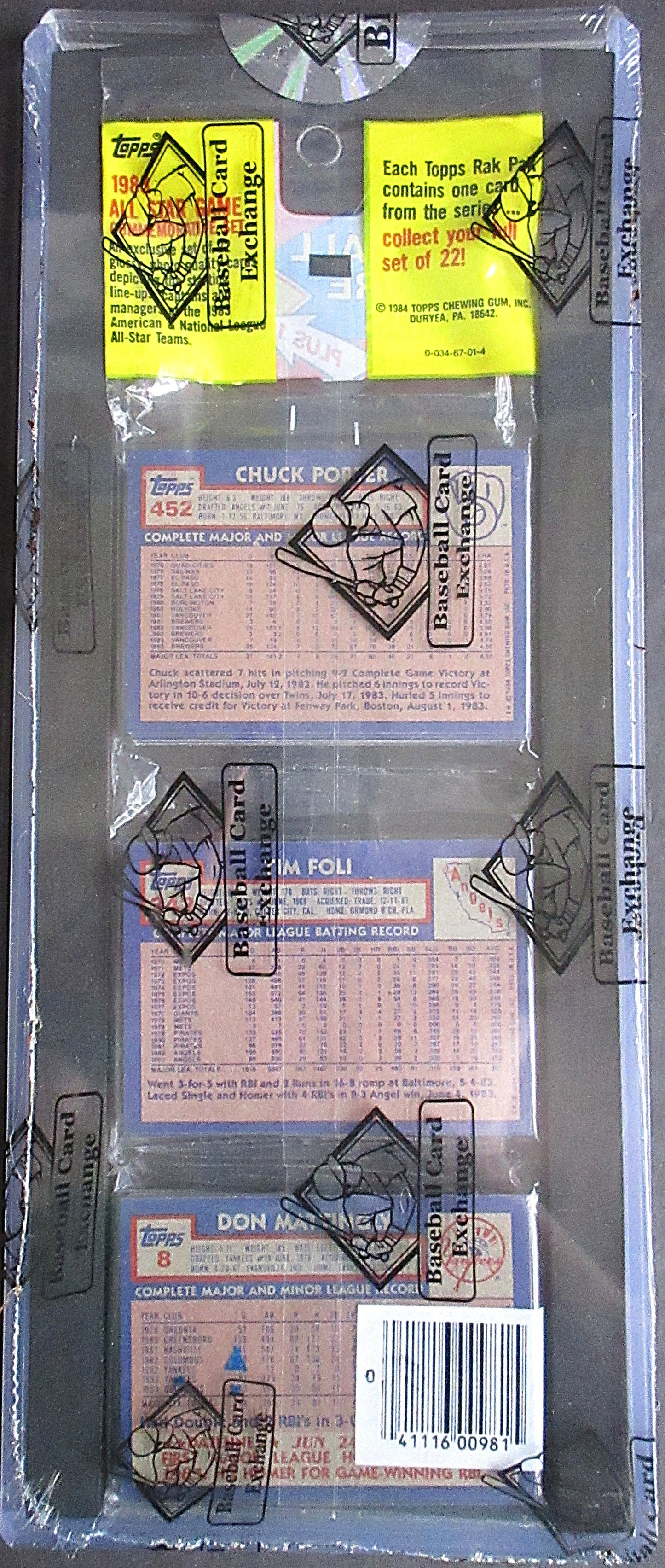 1984 Topps Baseball Unopened Rack Pack (Mattingly RC Back) (BBCE) (26449)