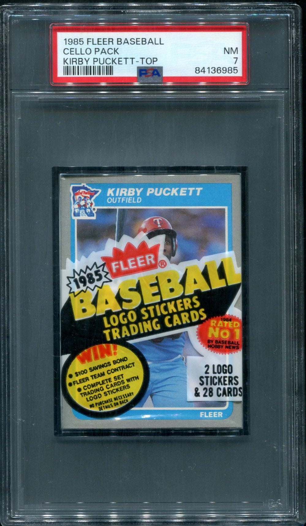 1985 Fleer Baseball Unopened Cello Pack PSA 7 Puckett Top *6985