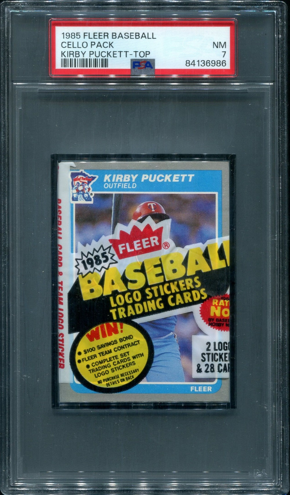 1985 Fleer Baseball Unopened Cello Pack PSA 7 Puckett Top *6986