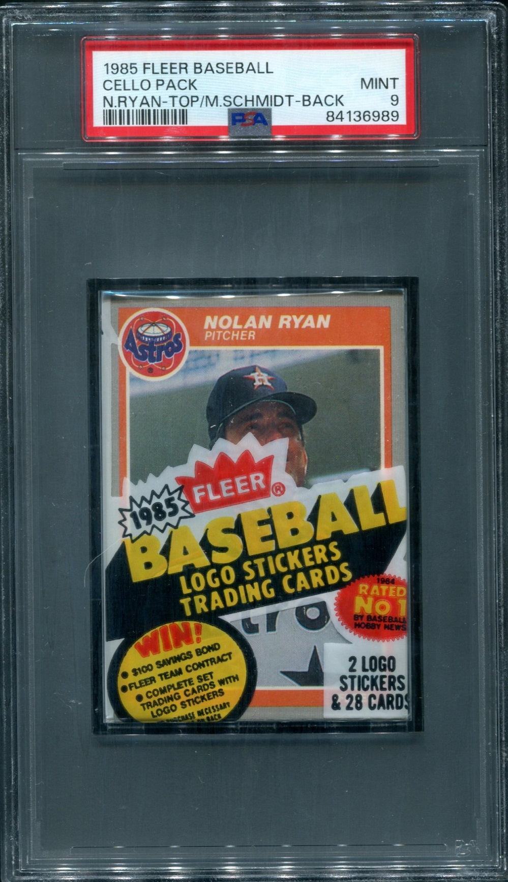 1985 Fleer Baseball Unopened Cello Pack PSA 9 Ryan Top / Schmidt Back *6989