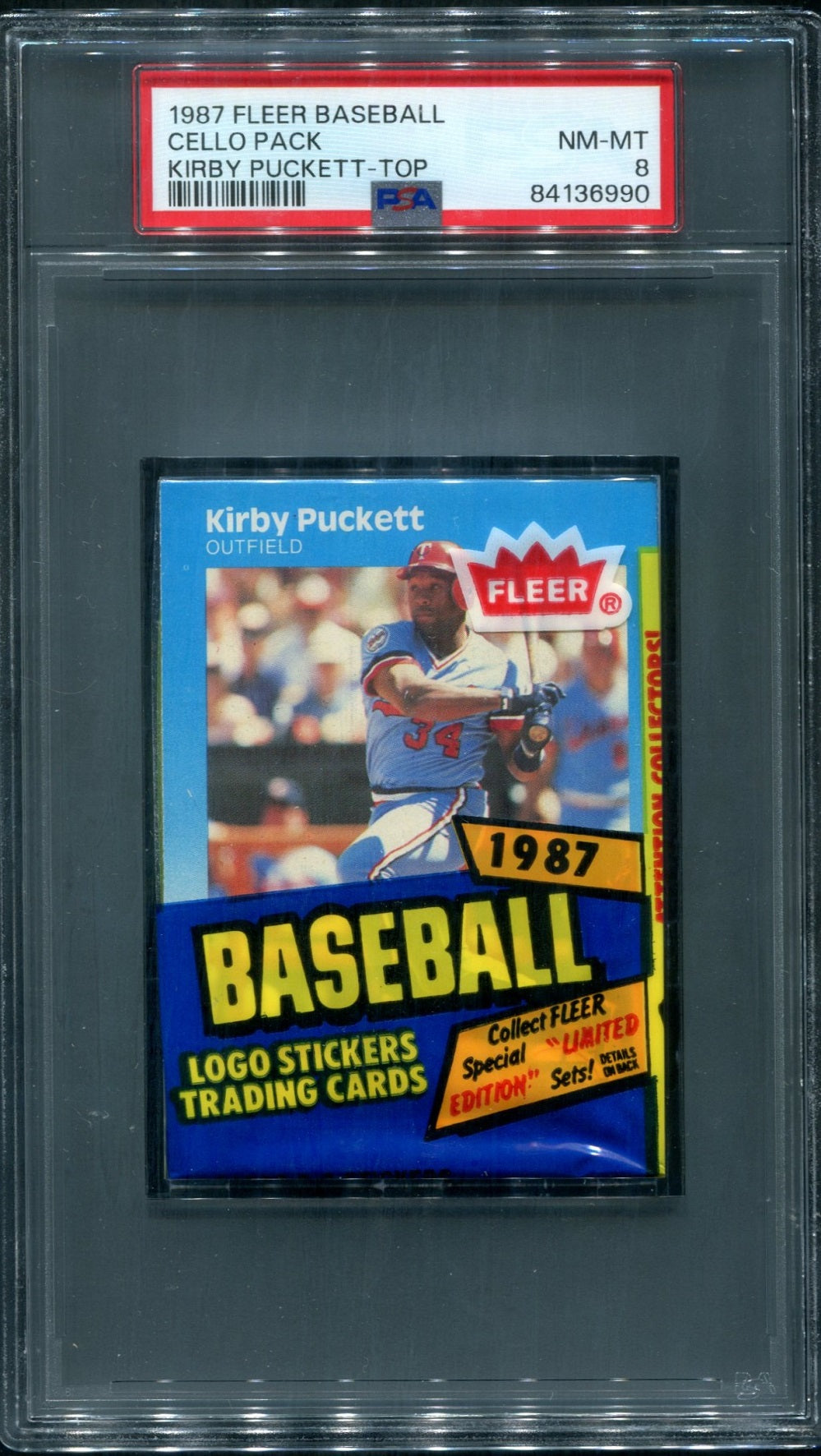 1987 Fleer Baseball Unopened Cello Pack PSA 8 Puckett Top *6990