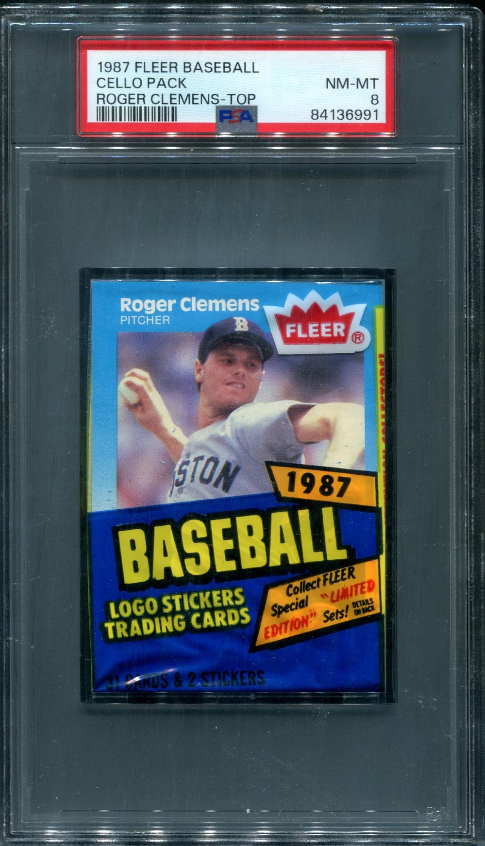 1987 Fleer Baseball Unopened Cello Pack PSA 8 Clemens Top *6991