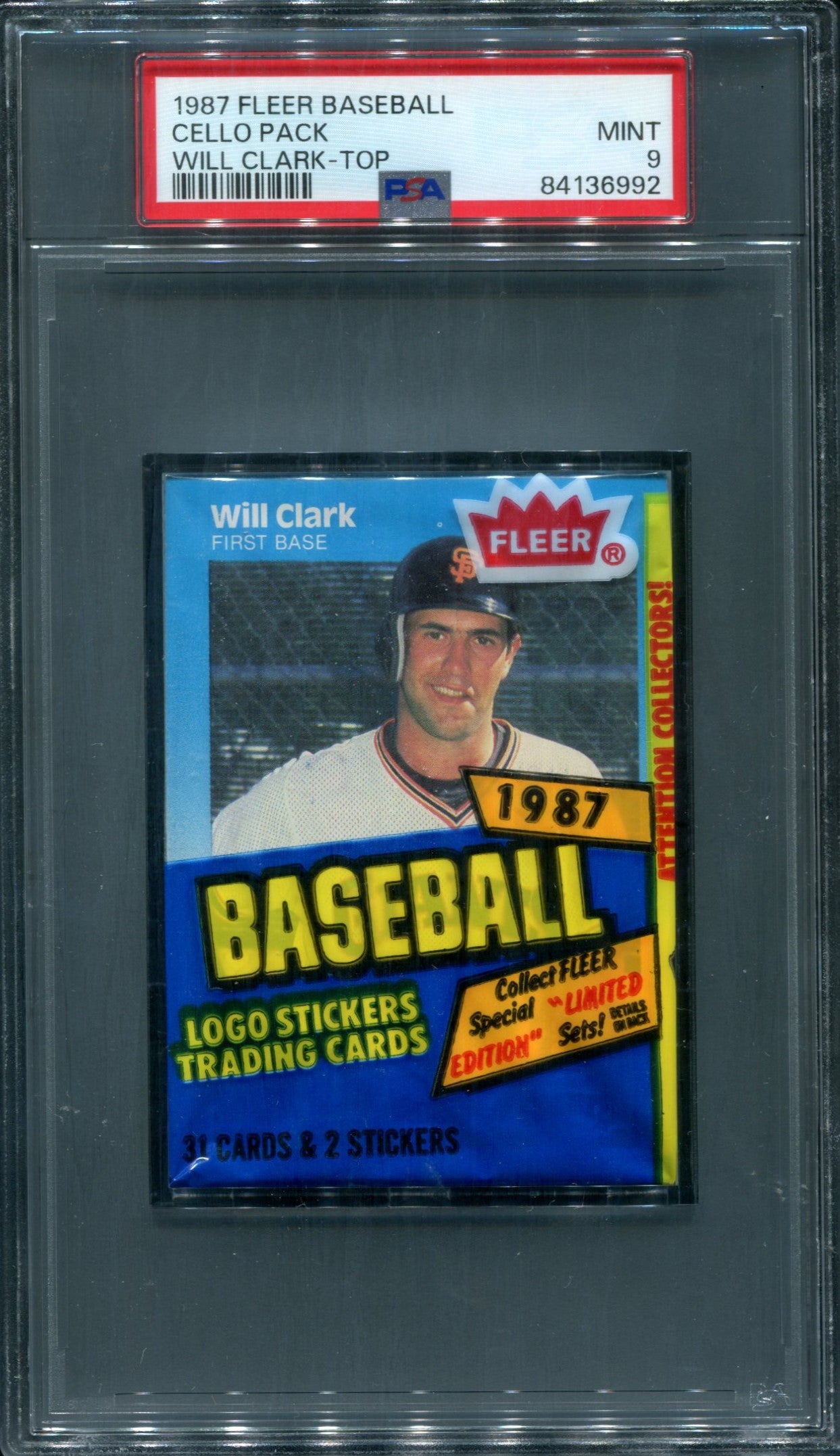 1987 Fleer Baseball Unopened Cello Pack PSA 9 Clark Top *6992