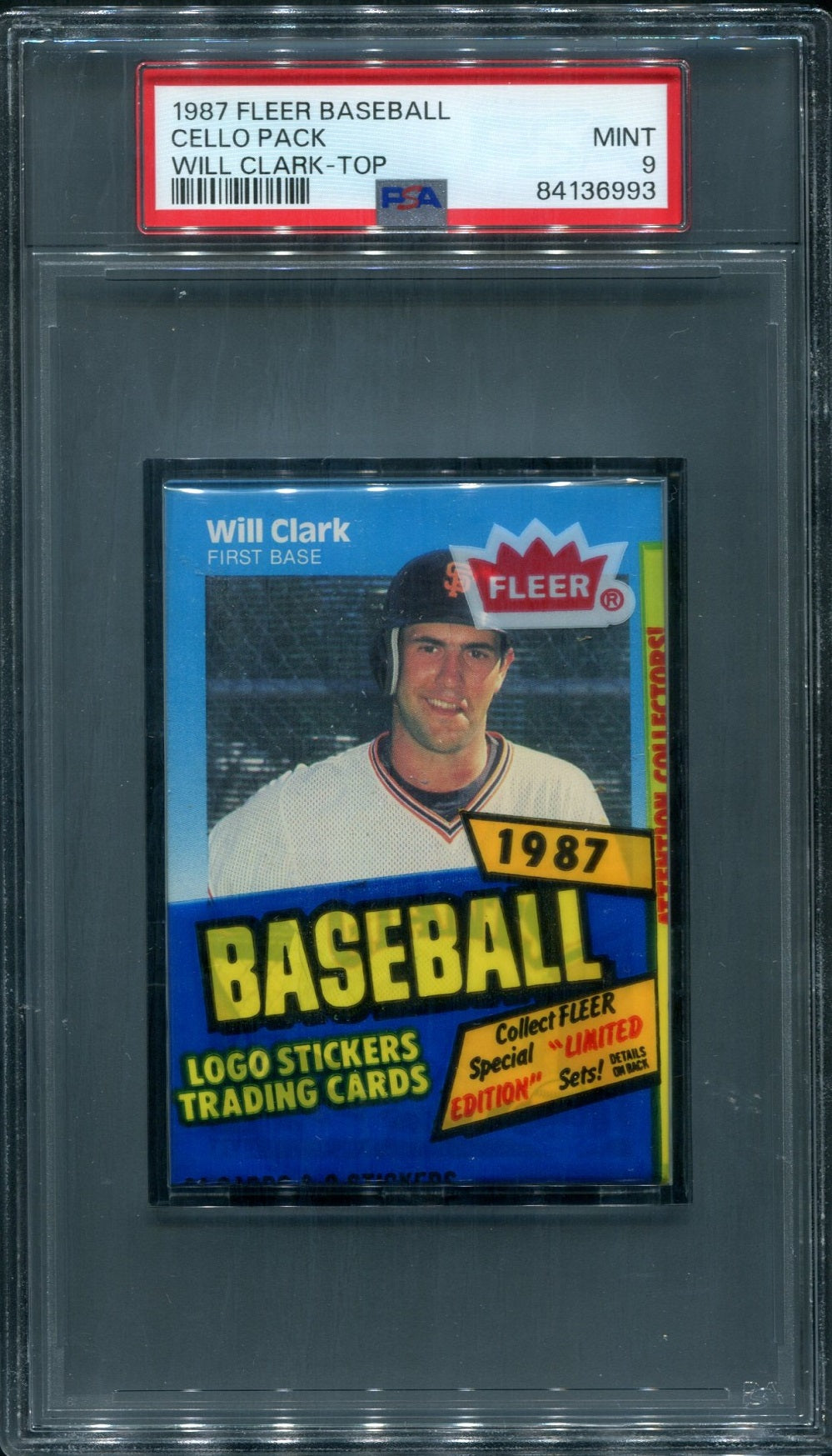 1987 Fleer Baseball Unopened Cello Pack PSA 9 Clark Top *6993