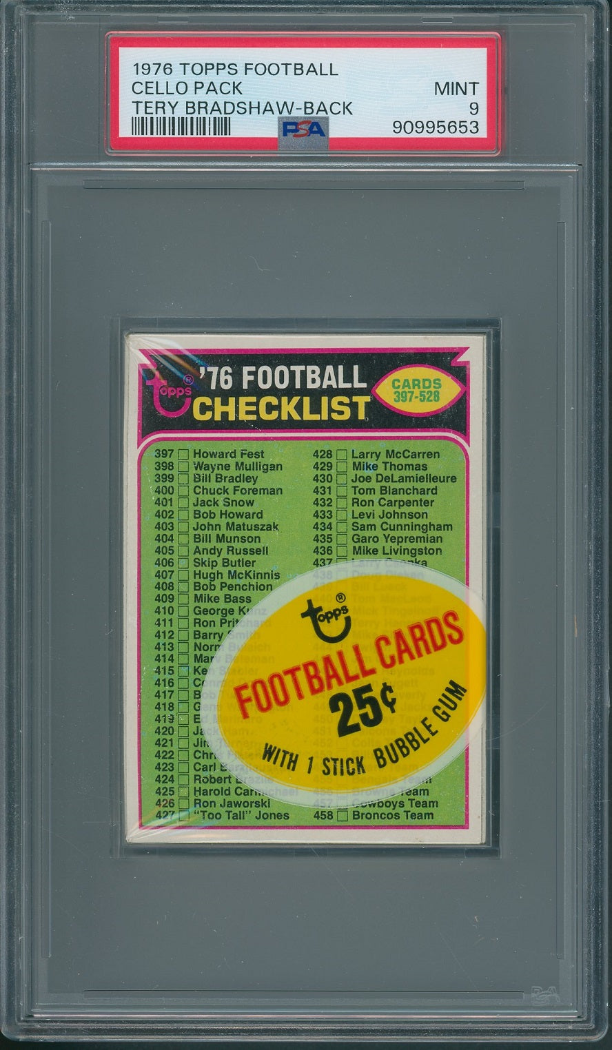 1976 Topps Football Unopened Cello Pack PSA 9 Bradshaw Back *5653