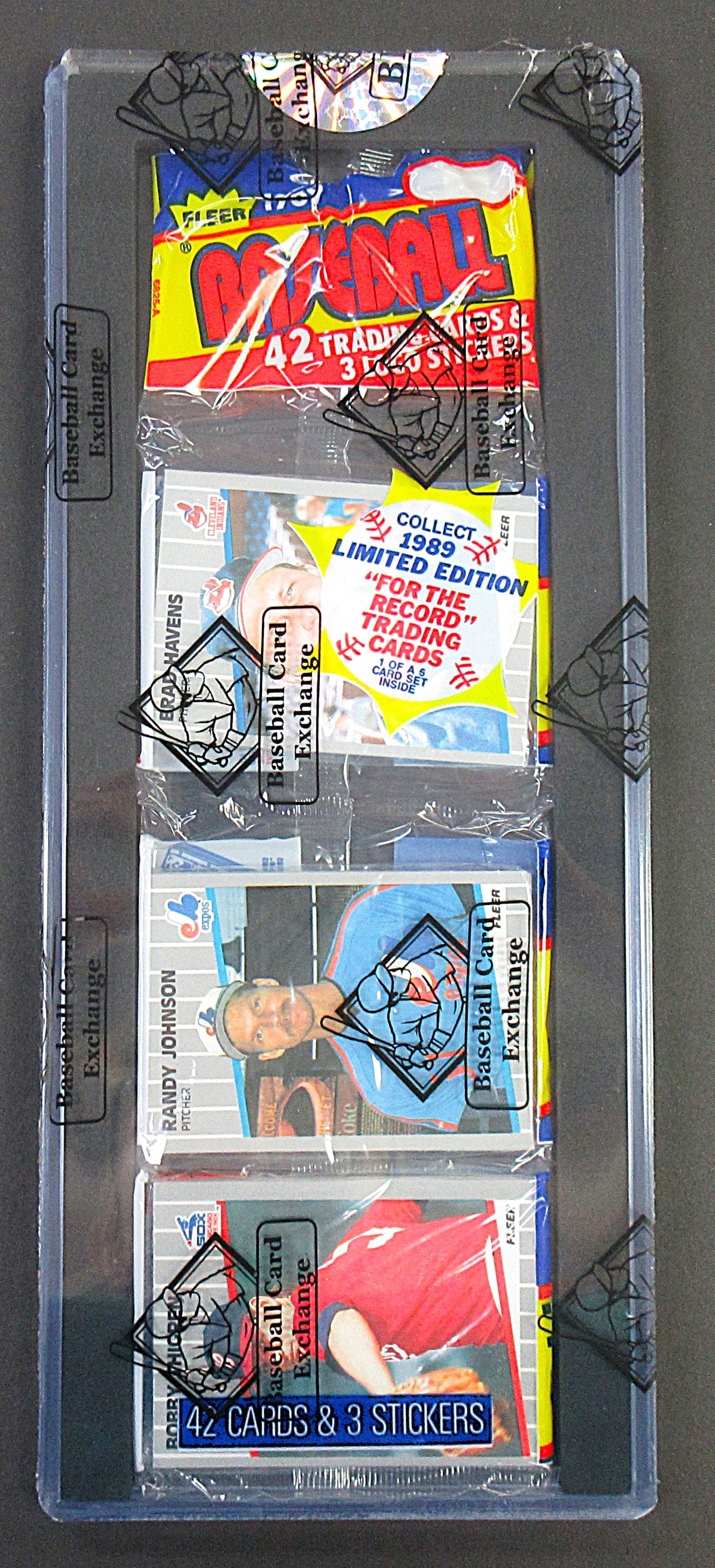 1989 Fleer Baseball Unopened Rack Pack (Randy Johnson RC Top) (BBCE)(27771)