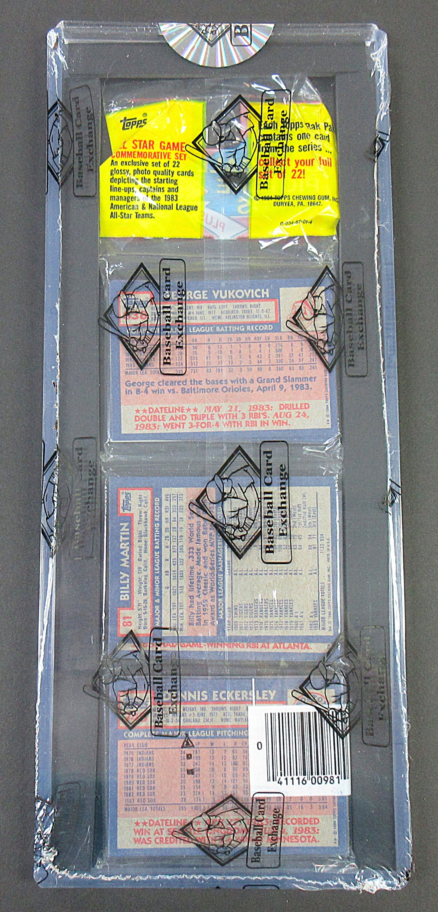 1984 Topps Baseball Unopened Rack Pack (Baines and Palmer Top) (Martin and Eckersley Back) (BBCE) (27781)