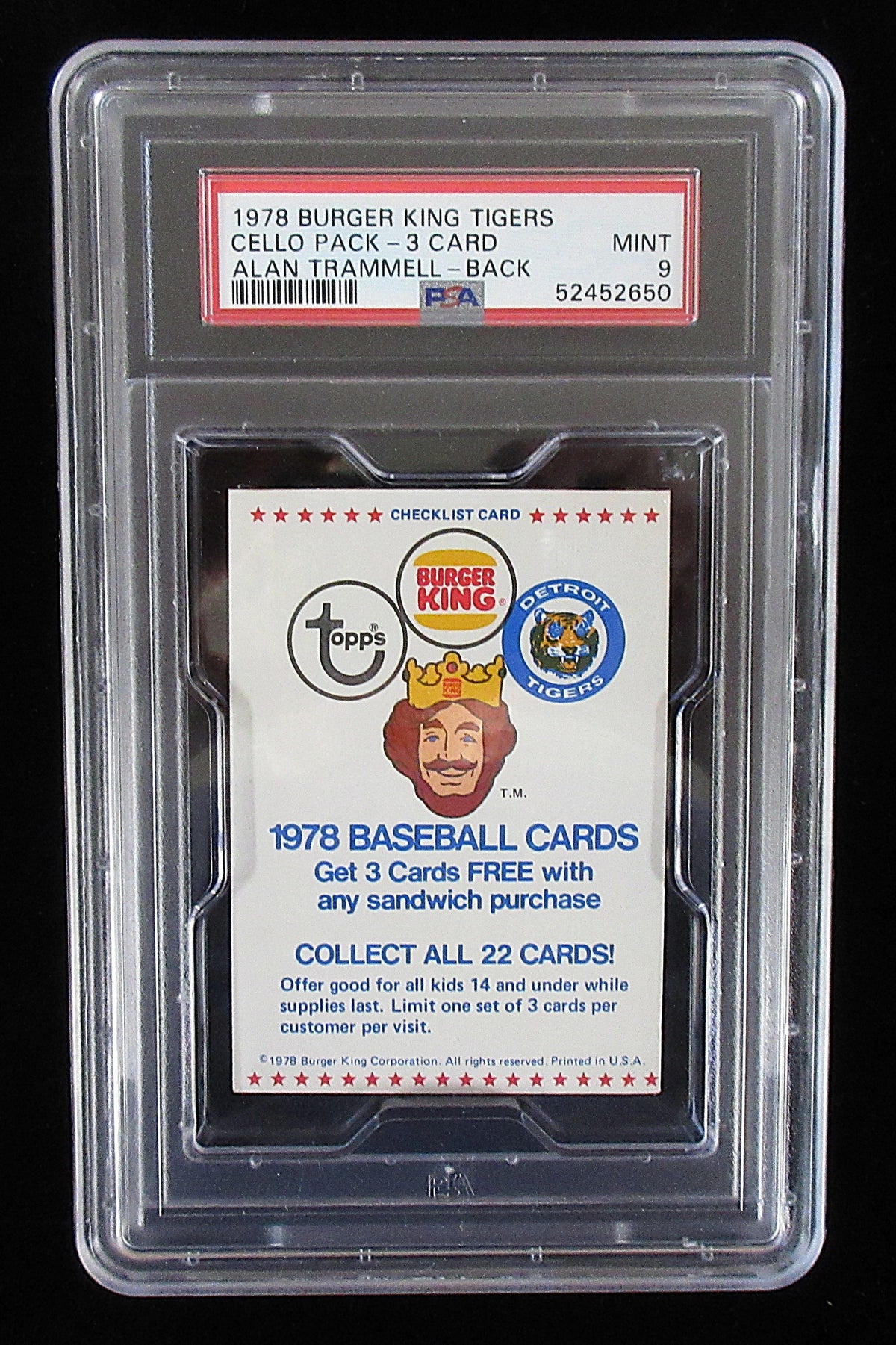 1978 Topps Baseball Burger King Tigers Unopened Cello Pack (3 Card) (Trammell RC Back) PSA 9 *2650