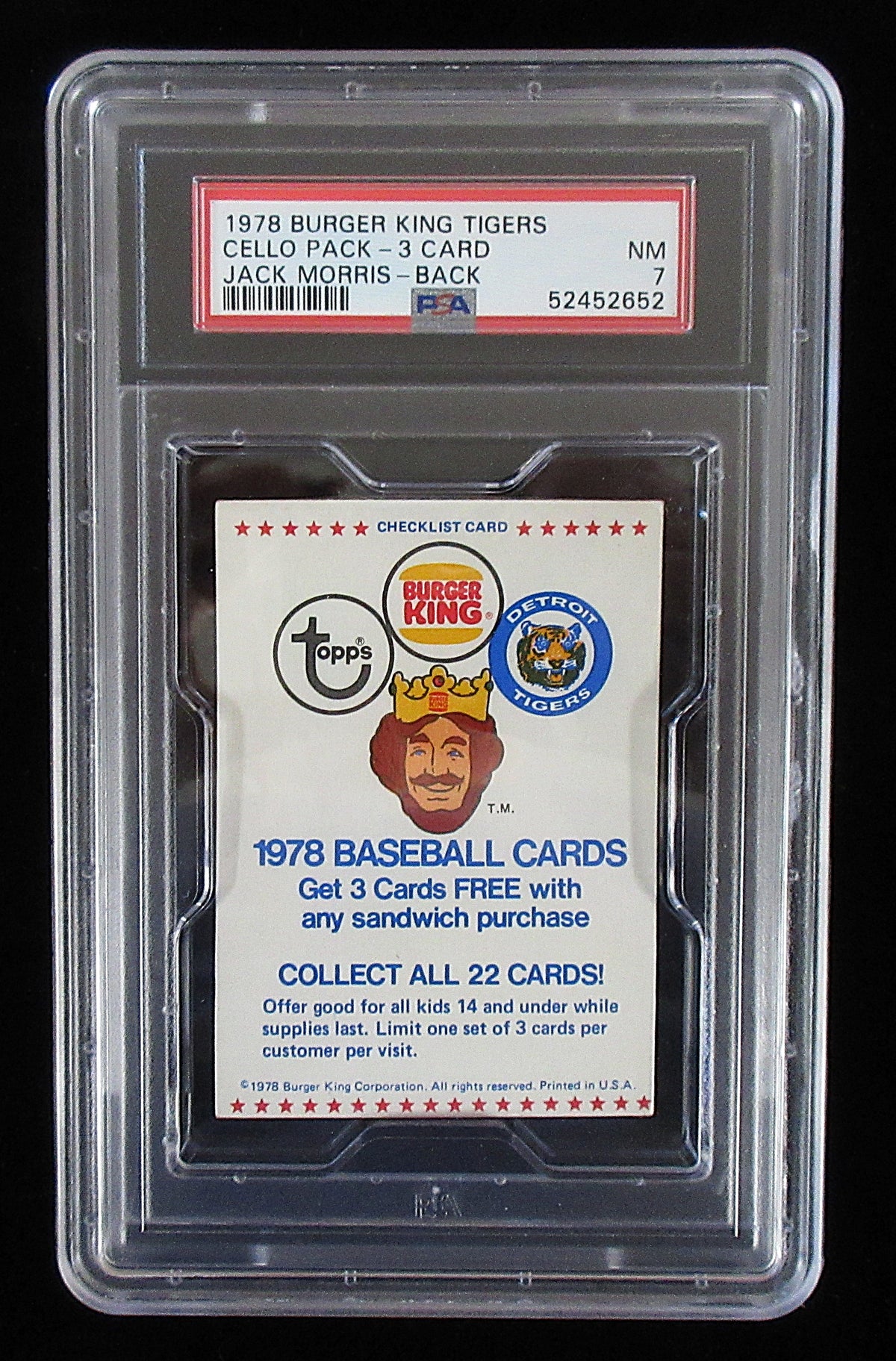 1978 Topps Baseball Burger King Tigers Unopened Cello Pack (3 Card) (Morris RC Back) PSA 7 *2652