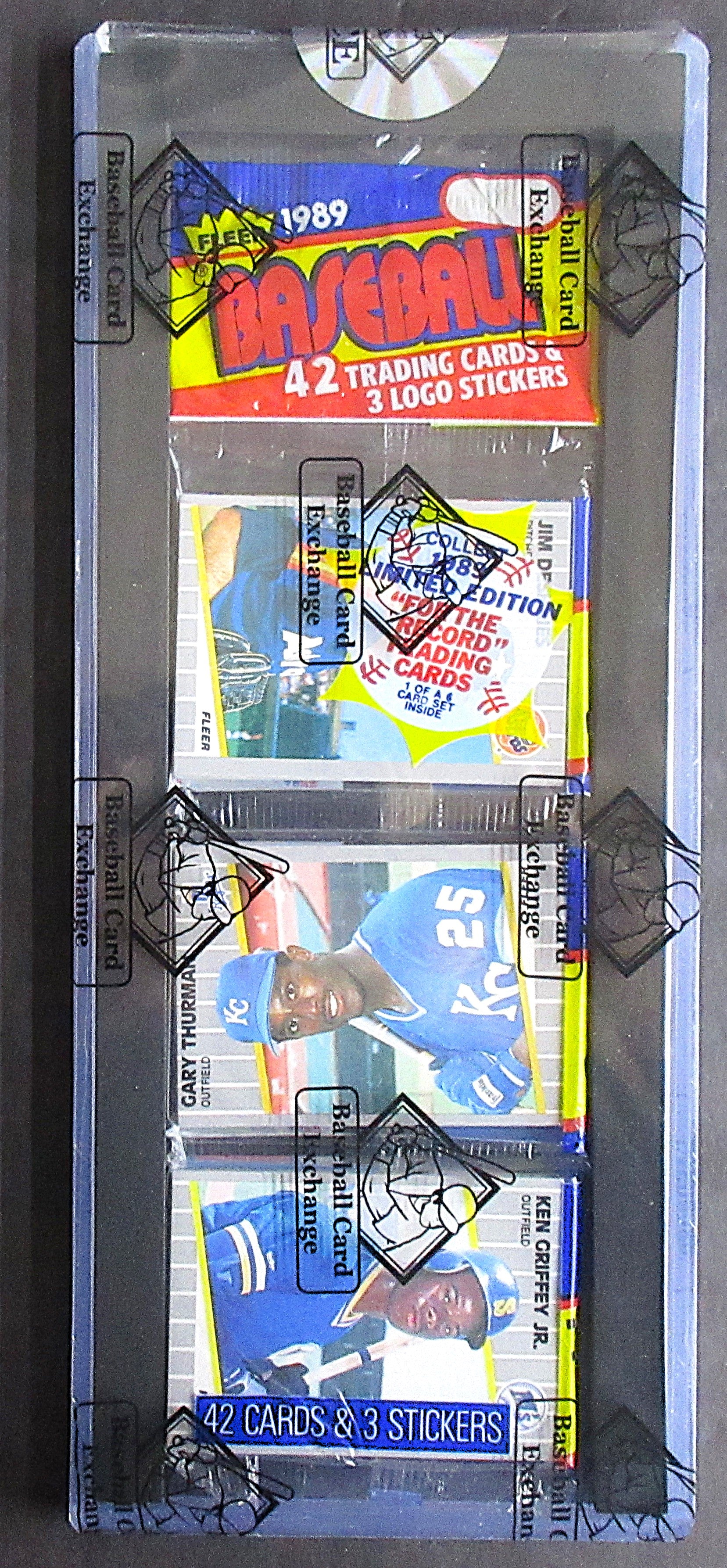 1989 Fleer Baseball Unopened Rack Pack (Ken Griffey Jr. RC Top) (BBCE) (26396)