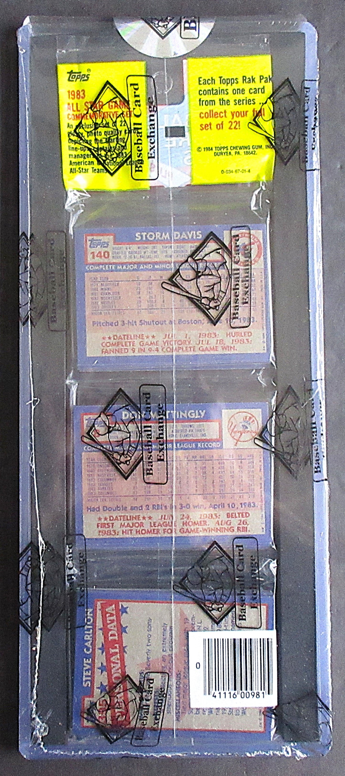 1984 Topps Baseball Unopened Rack Pack (Don Mattingly RC Back) (BBCE) (26401)