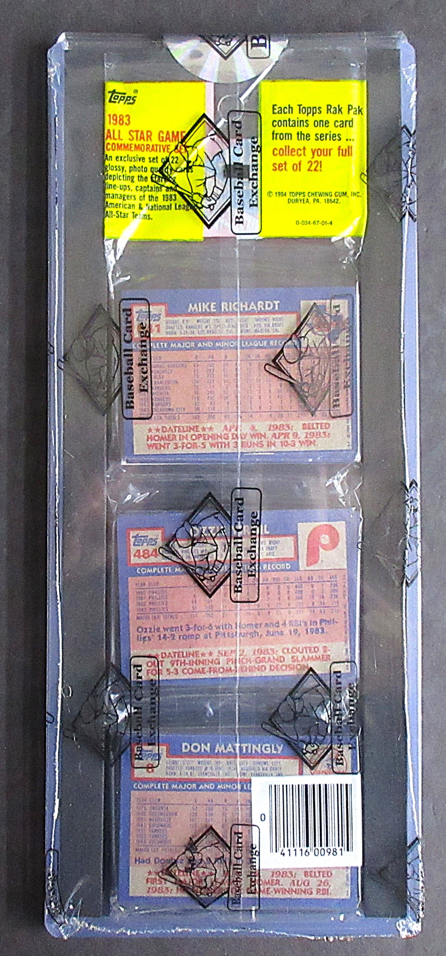 1984 Topps Baseball Unopened Rack Pack (Don Mattingly RC Back) (BBCE) (26402)