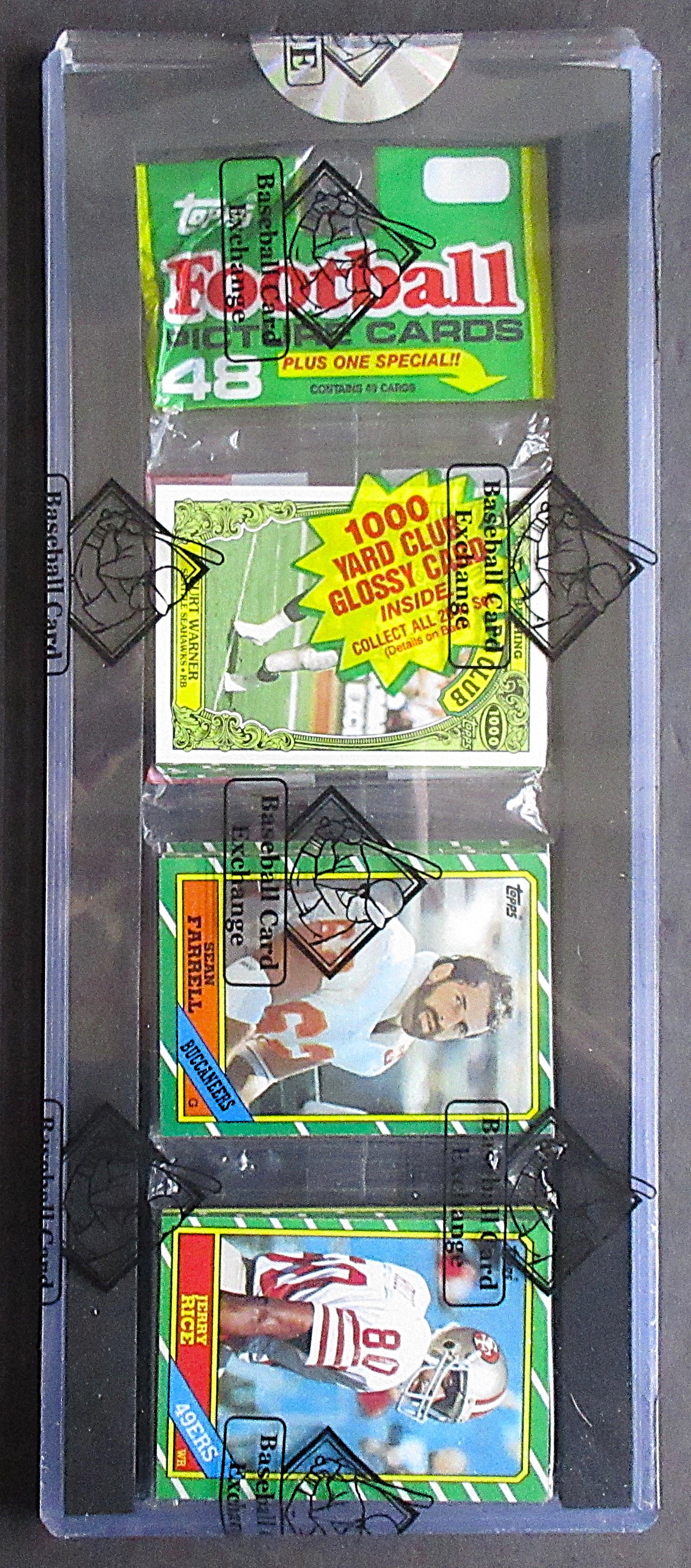 1986 Topps Football Unopened Rack Pack (Jerry Rice RC Top) (BBCE) (26405)