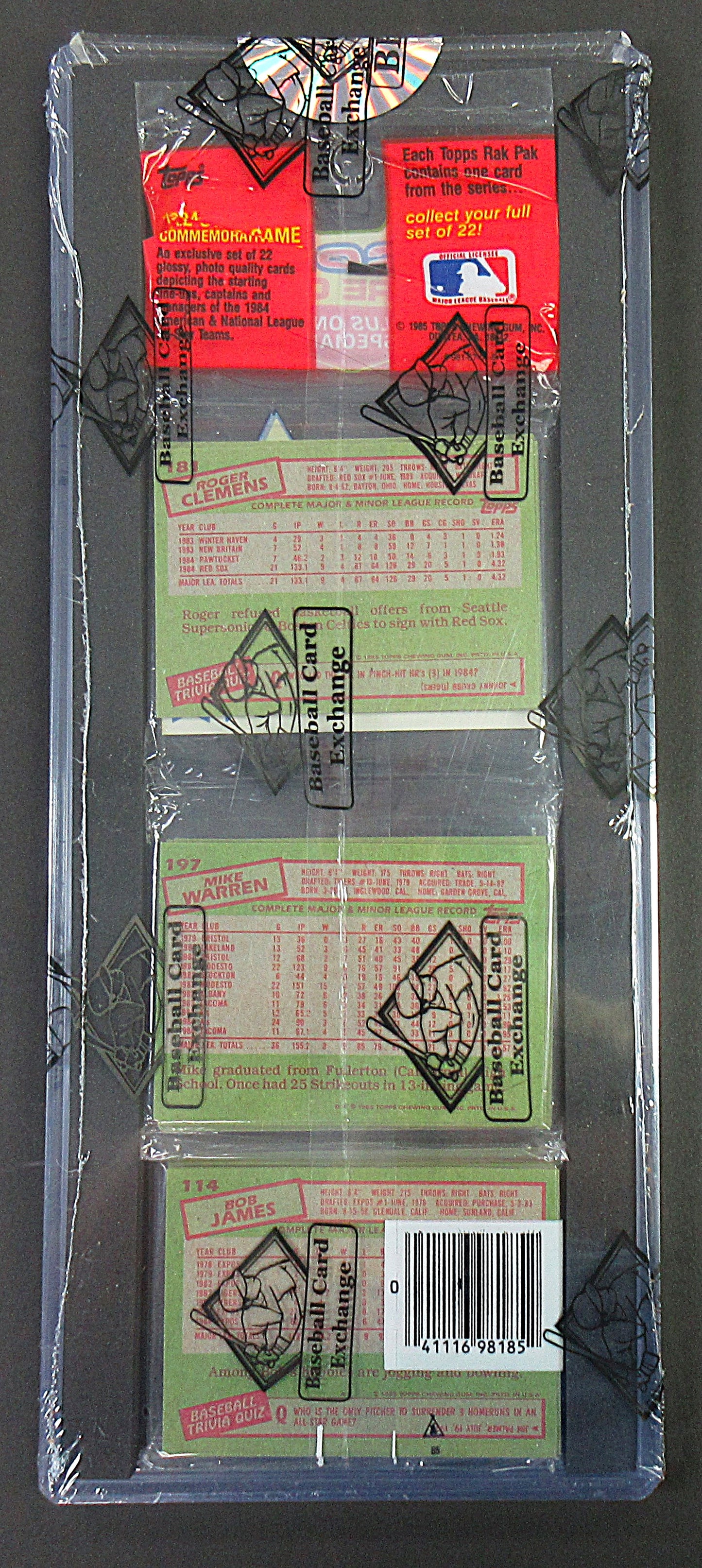 1985 Topps Baseball Unopened Rack Pack (Roger Clemens RC Back) (BBCE) (27752)