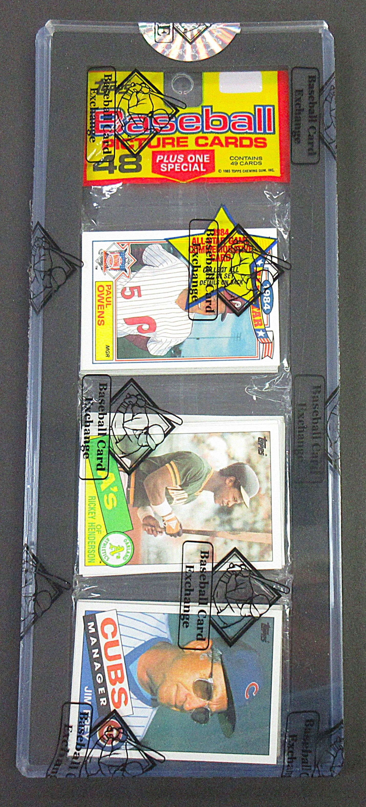 1985 Topps Baseball Unopened Rack Pack (Rickey Henderson Top) (BBCE) (27753)