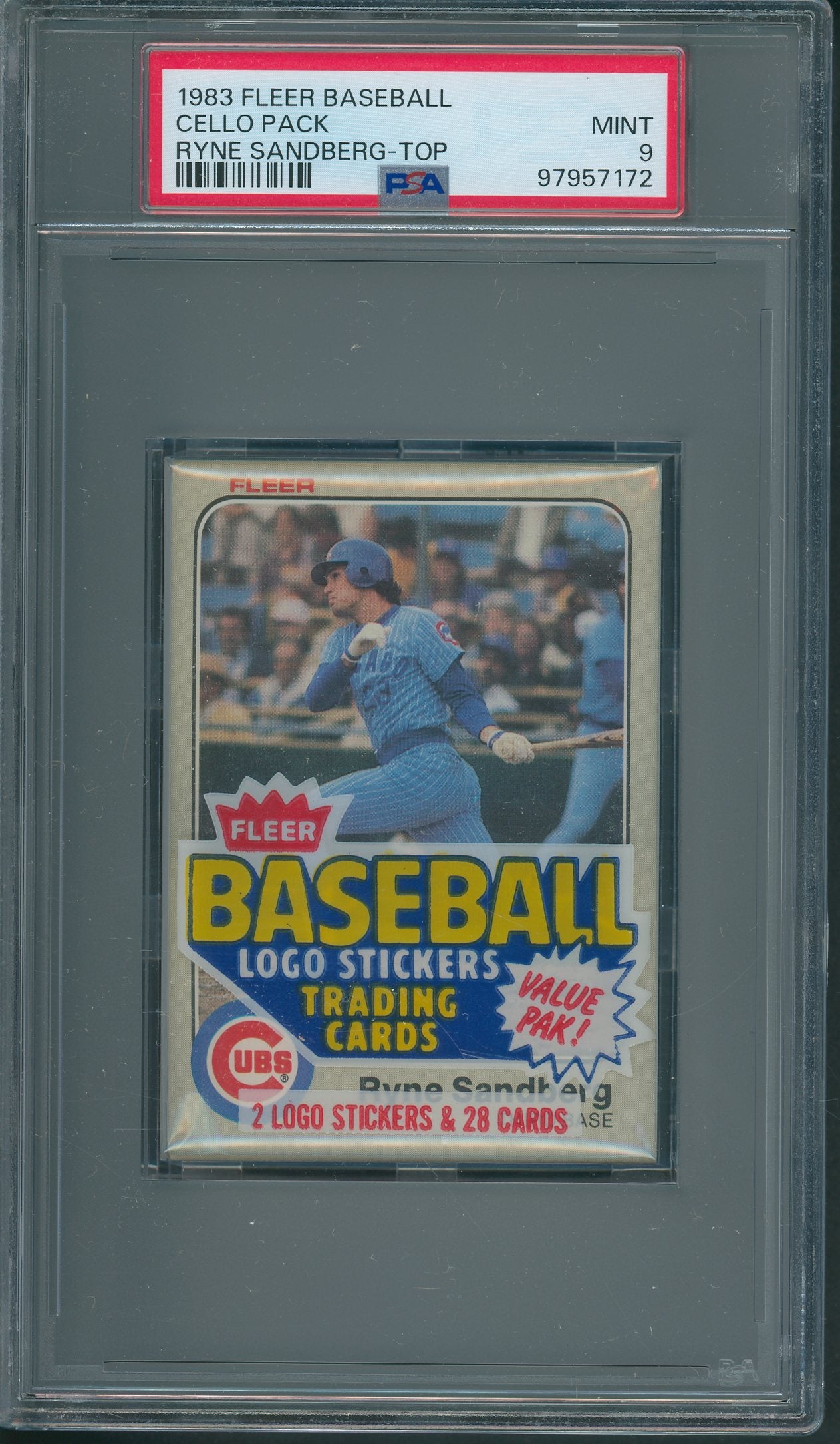 1983 Fleer Baseball Unopened Cello Pack PSA 9 Sandberg Top *7172
