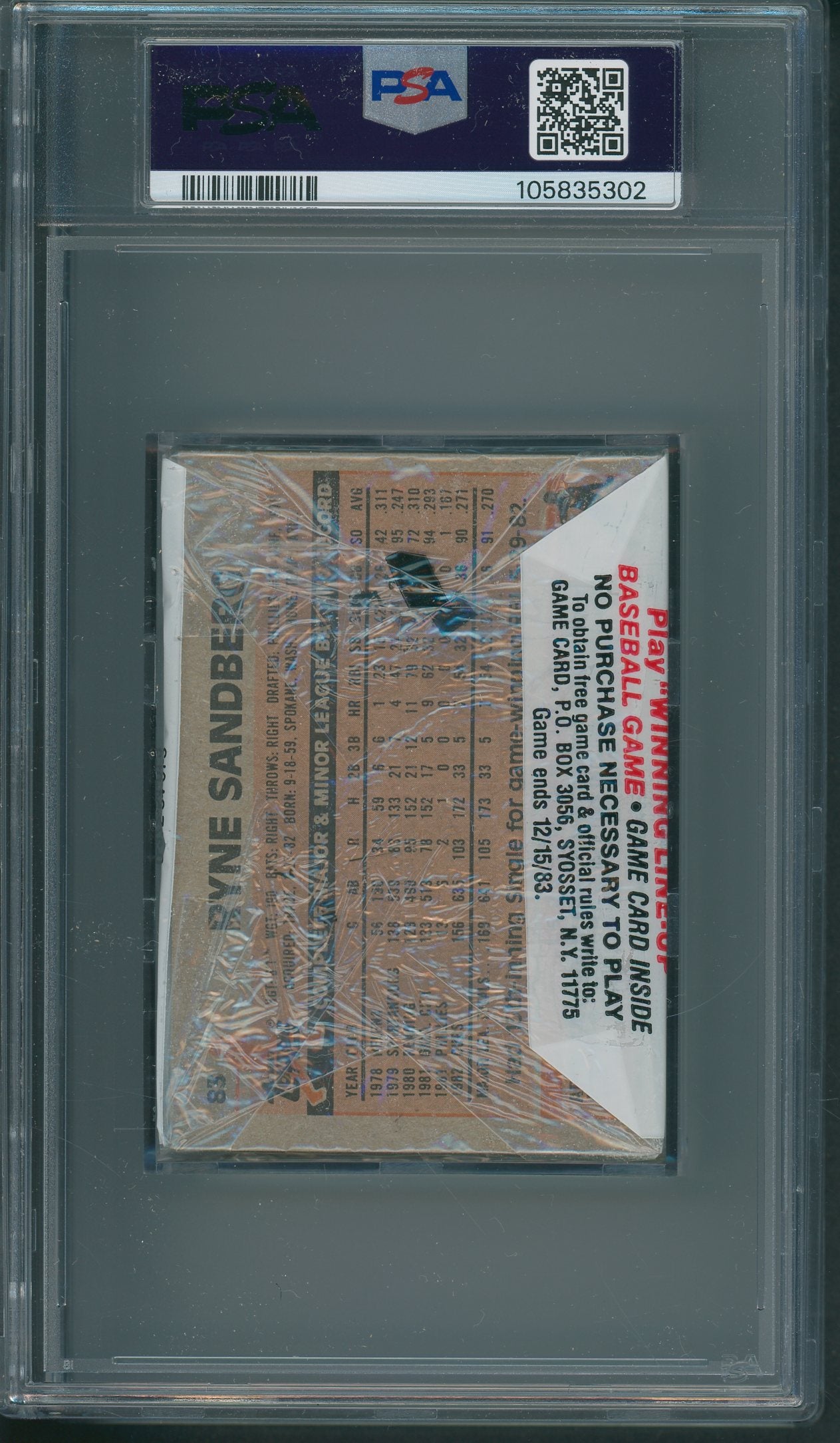 1983 Topps Baseball Unopened Cello Pack PSA 7 Sandberg Back *5302