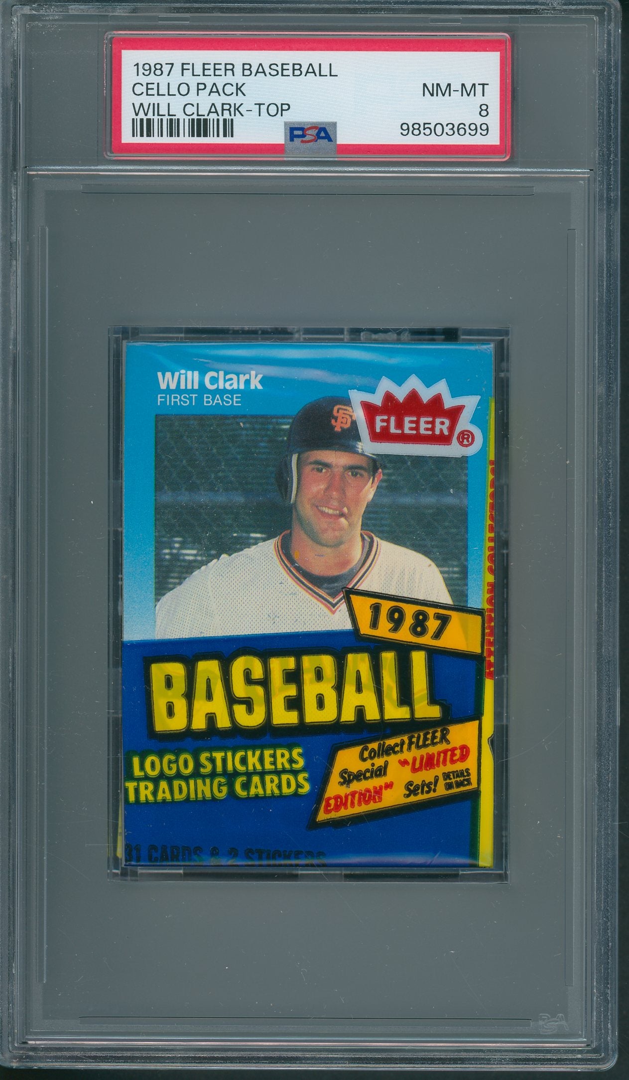 1987 Fleer Baseball Unopened Cello Pack PSA 8 Clark Top *3699