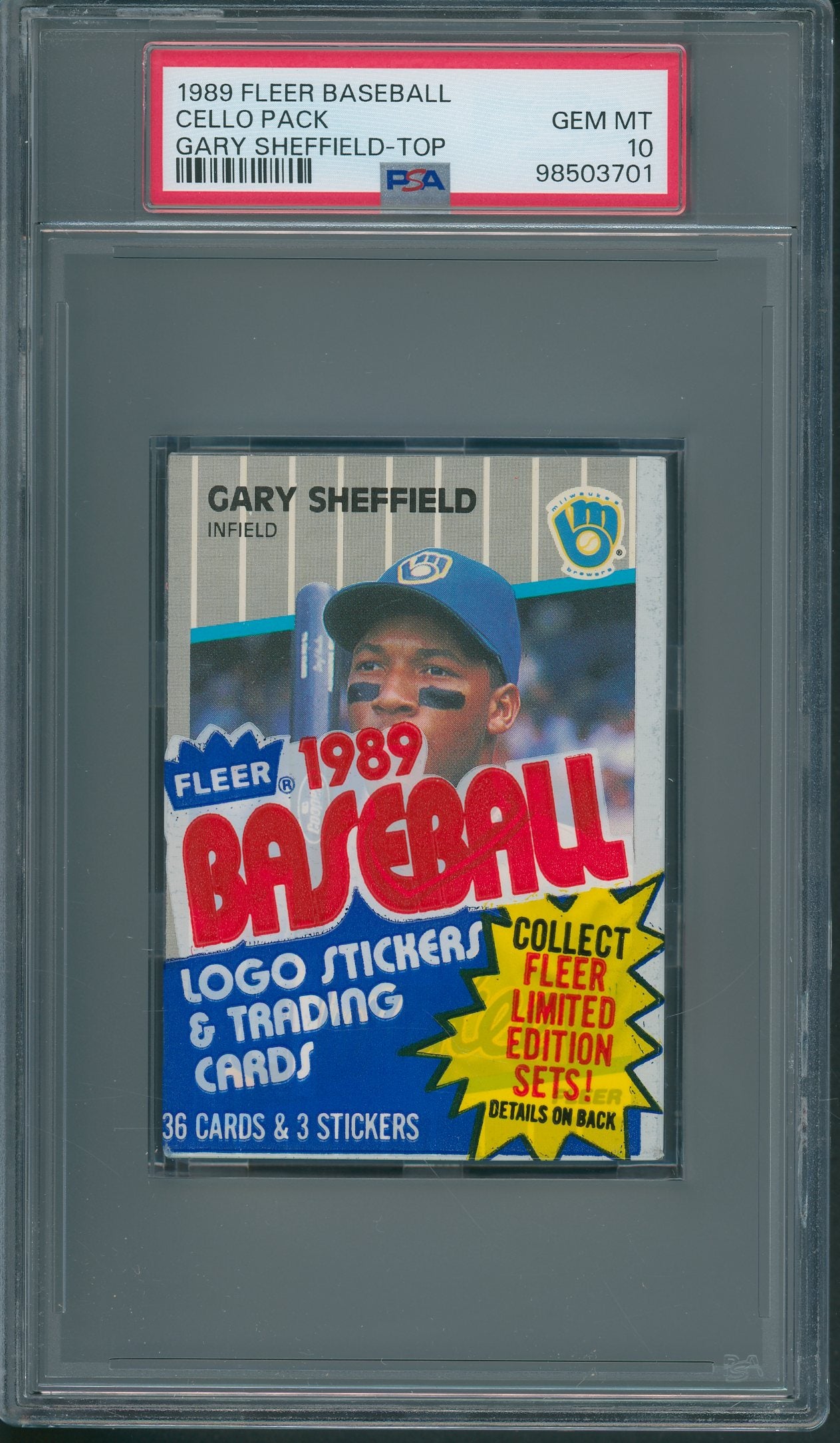 1989 Fleer Baseball Unopened Cello Pack PSA 10 Sheffield Top *3701